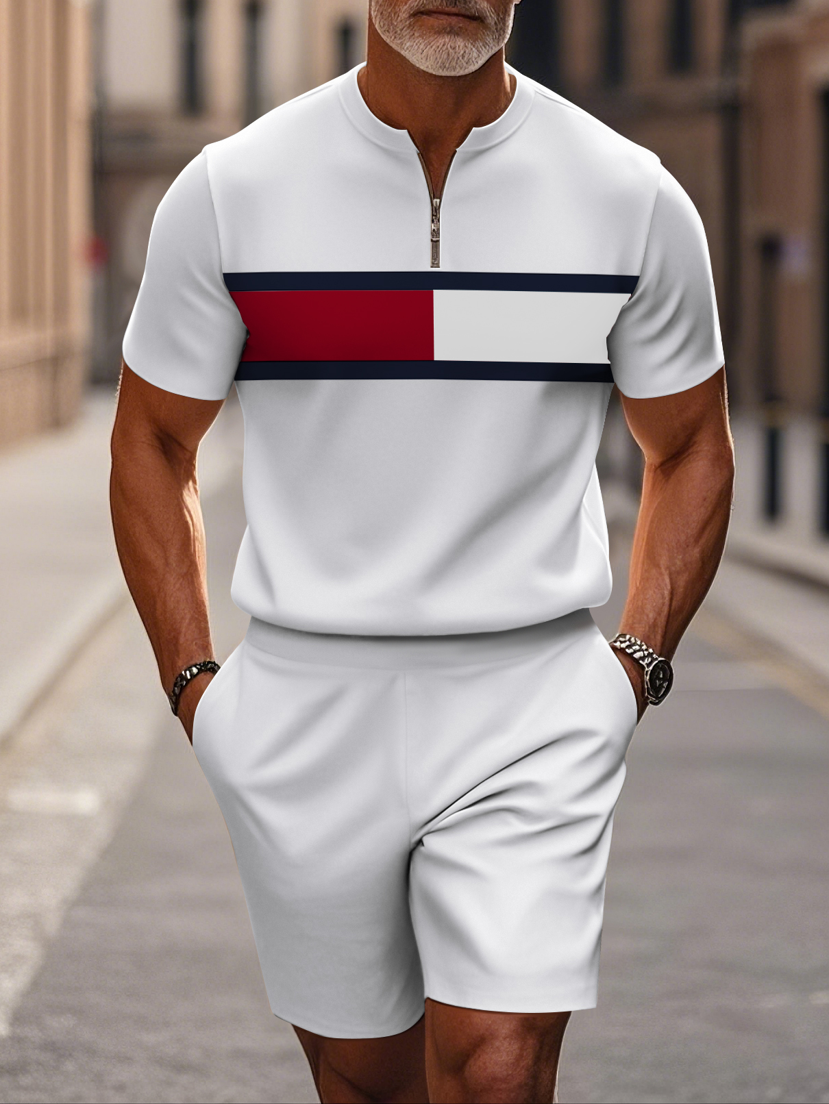 Men's fashion casual round-neck zipper geometric printed short-sleeved two-piece set