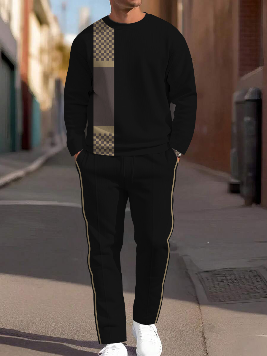 Men's fashion casual geometric printed hoodie two-piece set