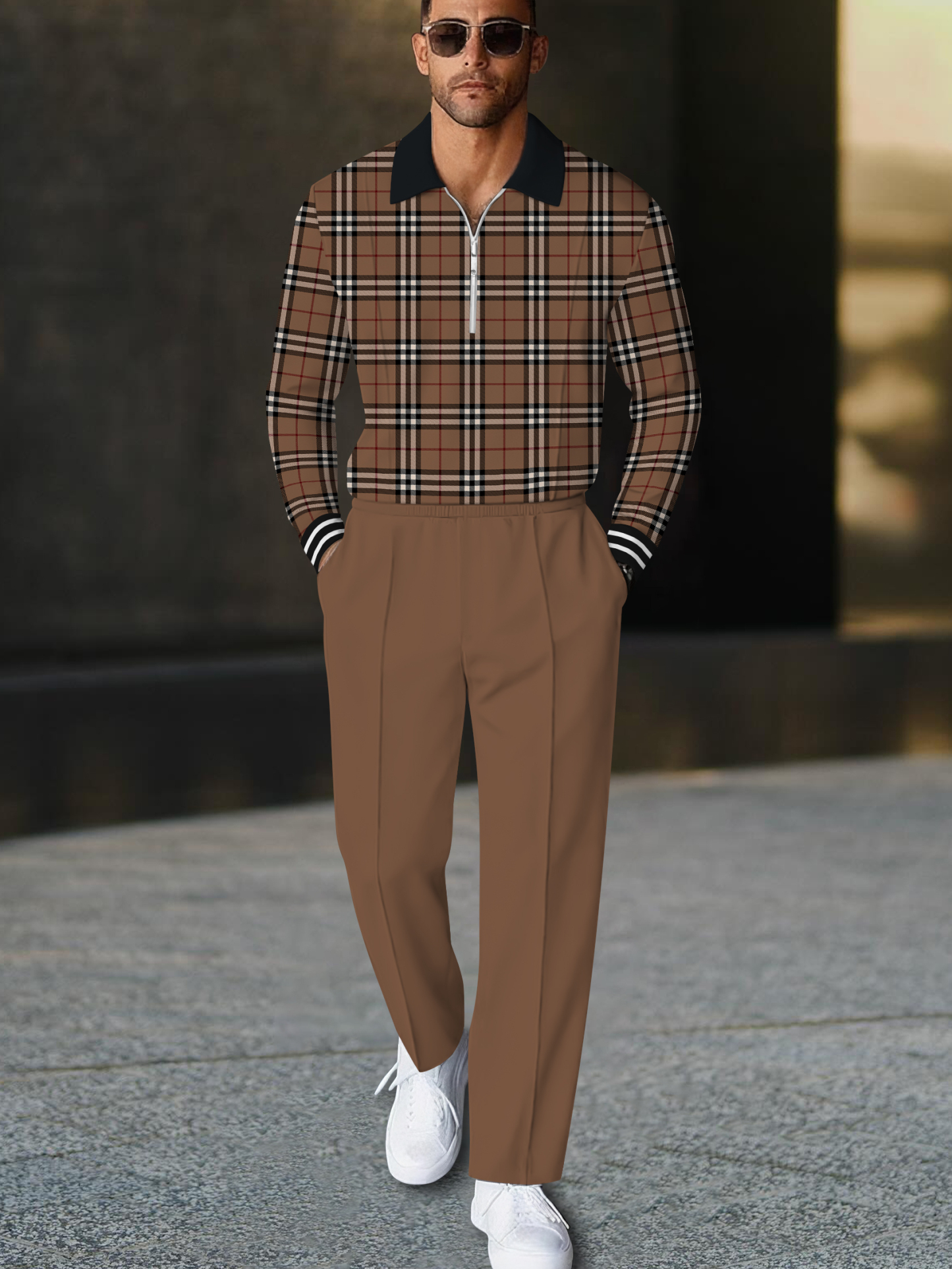 Men's fashion casual geometric print long sleeve zipper polo two-piece set