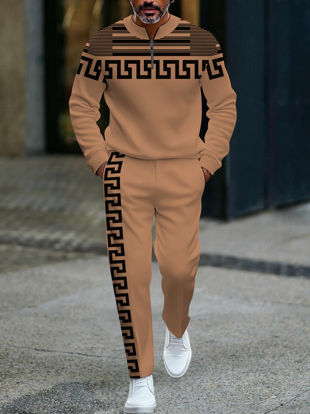 Men's fashion casual geometric print long sleeve zipper two-piece set