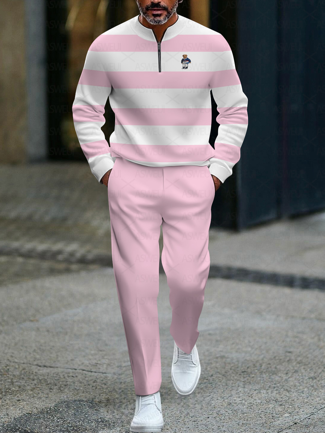 Men's fashionable casual business color-block round-neck zipper long-sleeve two-piece set