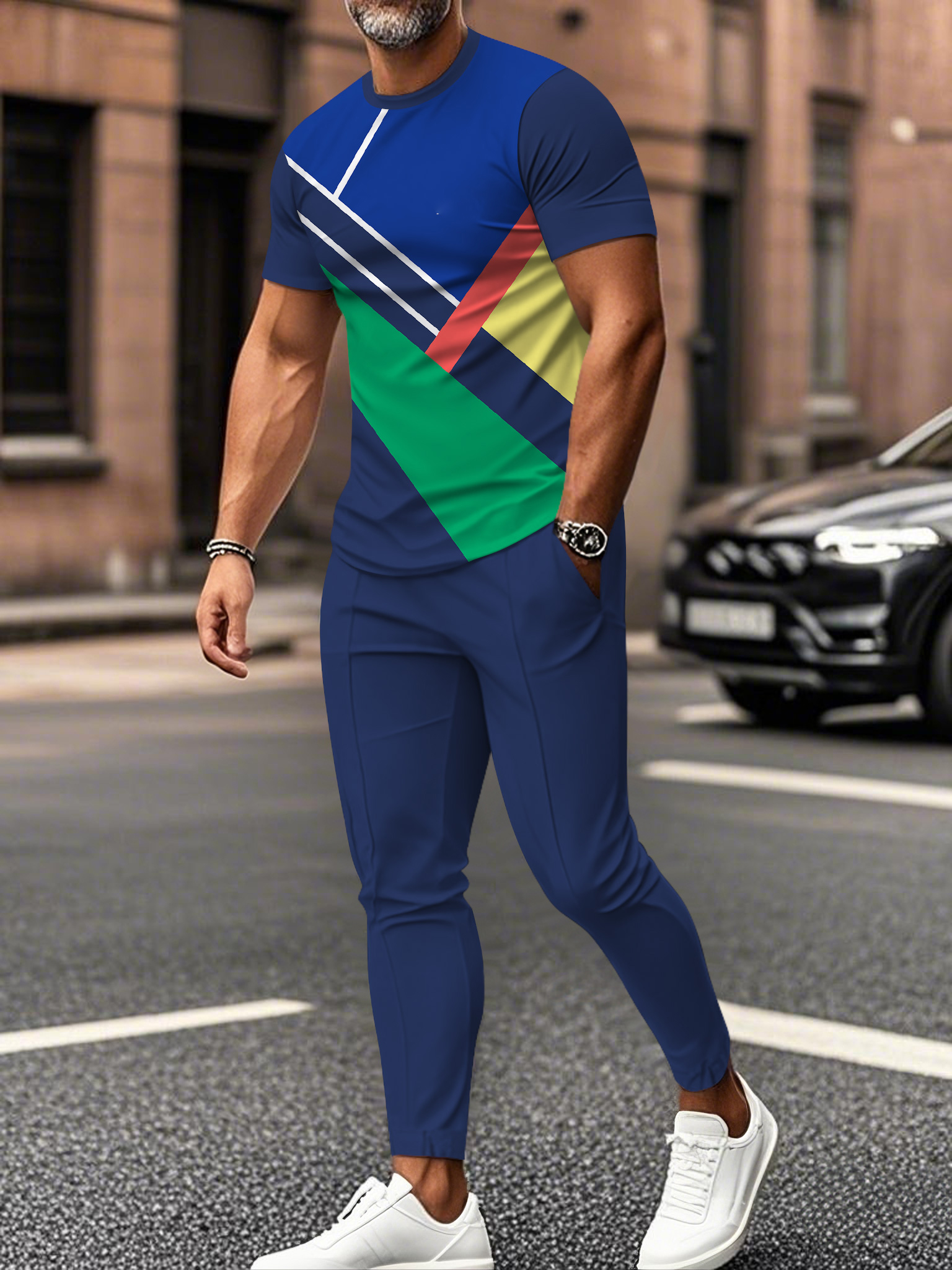 Men's fashion casual color matching striped printed short sleeved trousers two-piece set