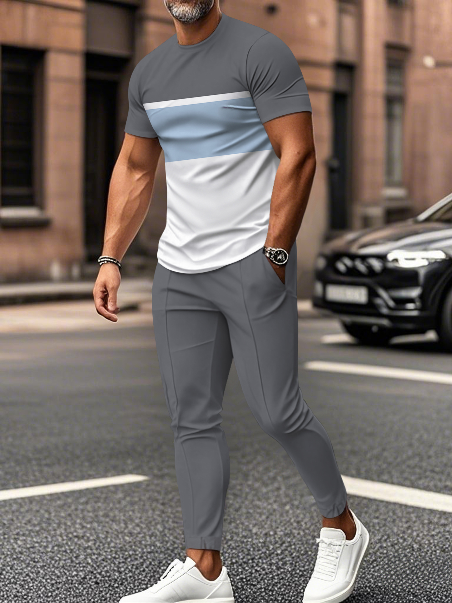 Men's fashion casual color matching striped printed short sleeved trousers two-piece set