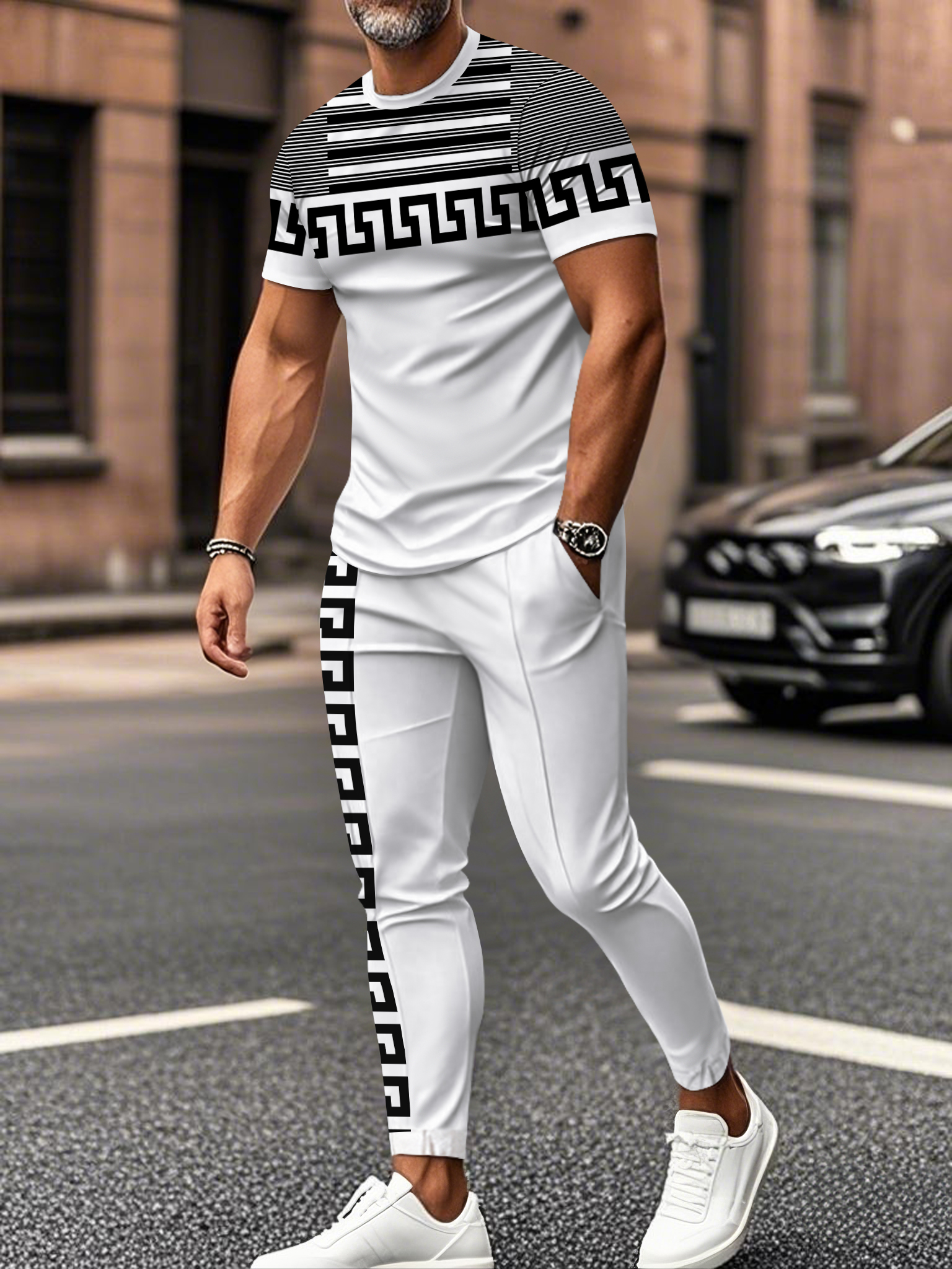 Men's fashion casual color matching striped printed short sleeved trousers two-piece set