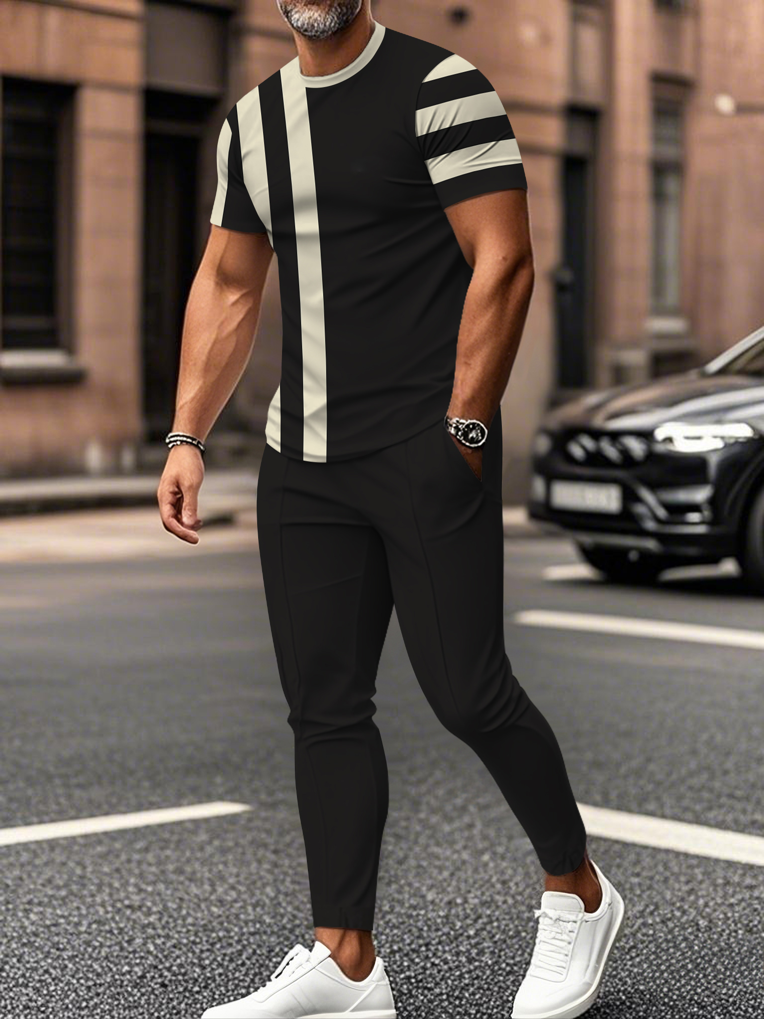 Men's fashion casual color matching striped printed short sleeved trousers two-piece set
