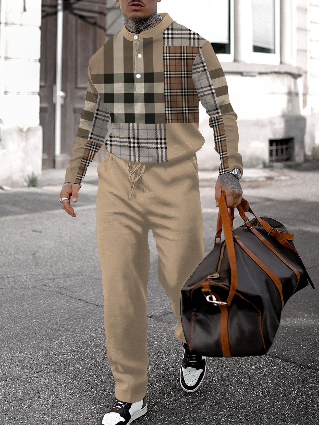 Men's fashion casual geometric print long sleeve two-piece set