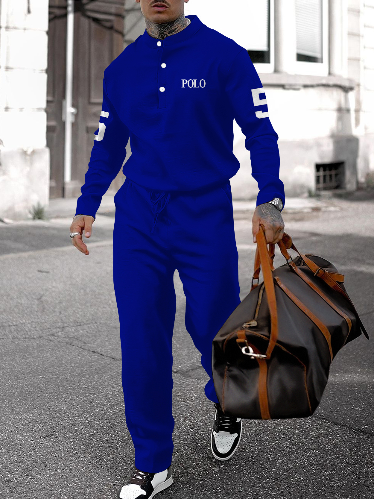 Men's fashion casual geometric print long sleeve two-piece set