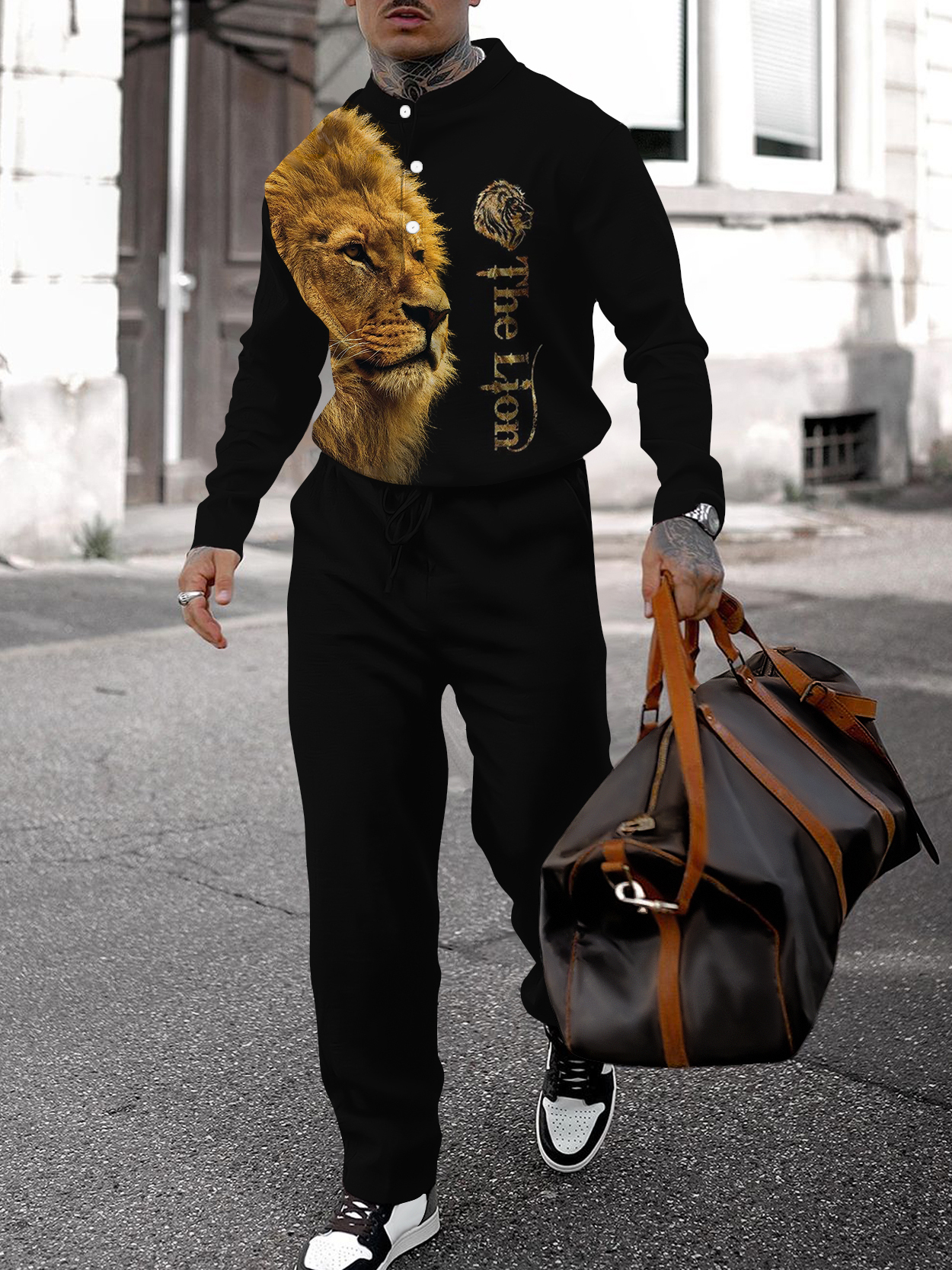 Men's fashion casual geometric print long sleeve two-piece set