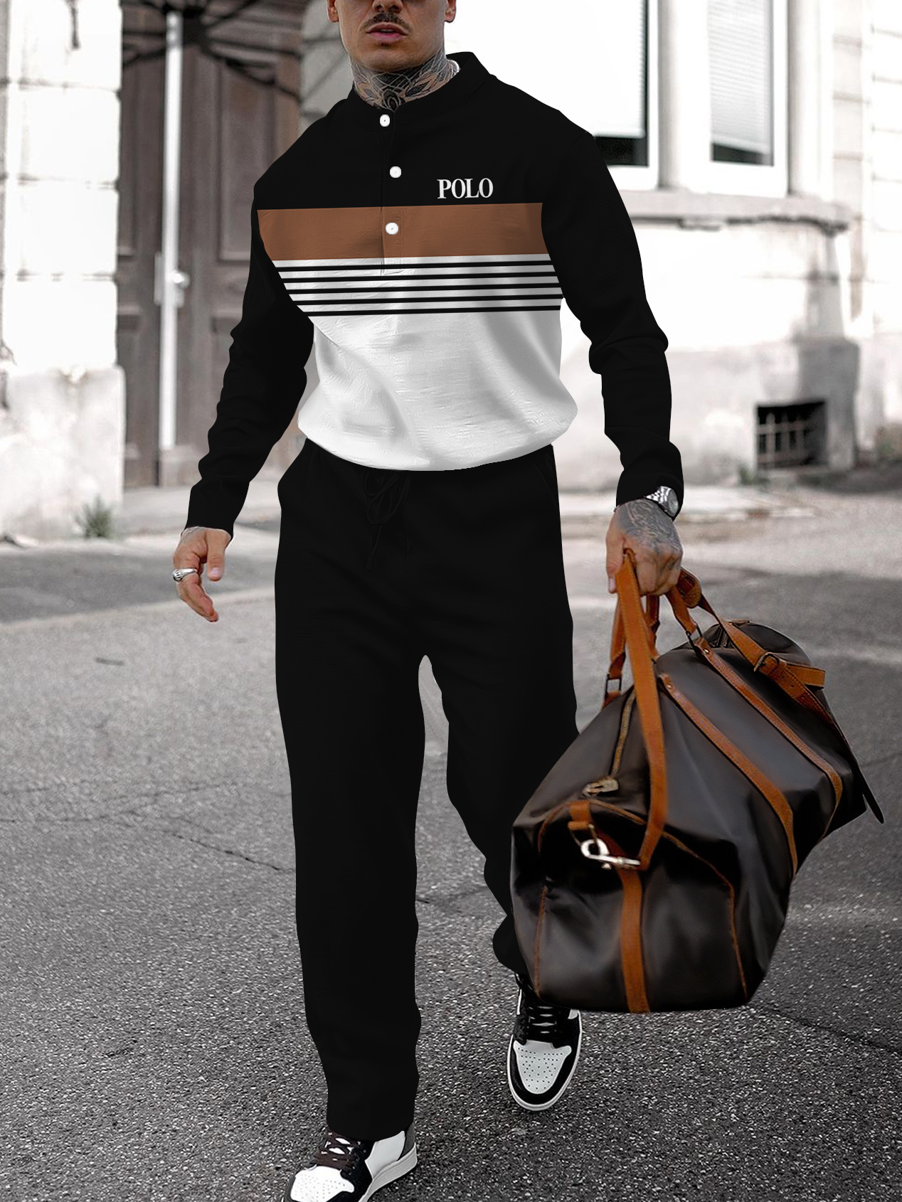 Men's fashion casual geometric print long sleeve two-piece set