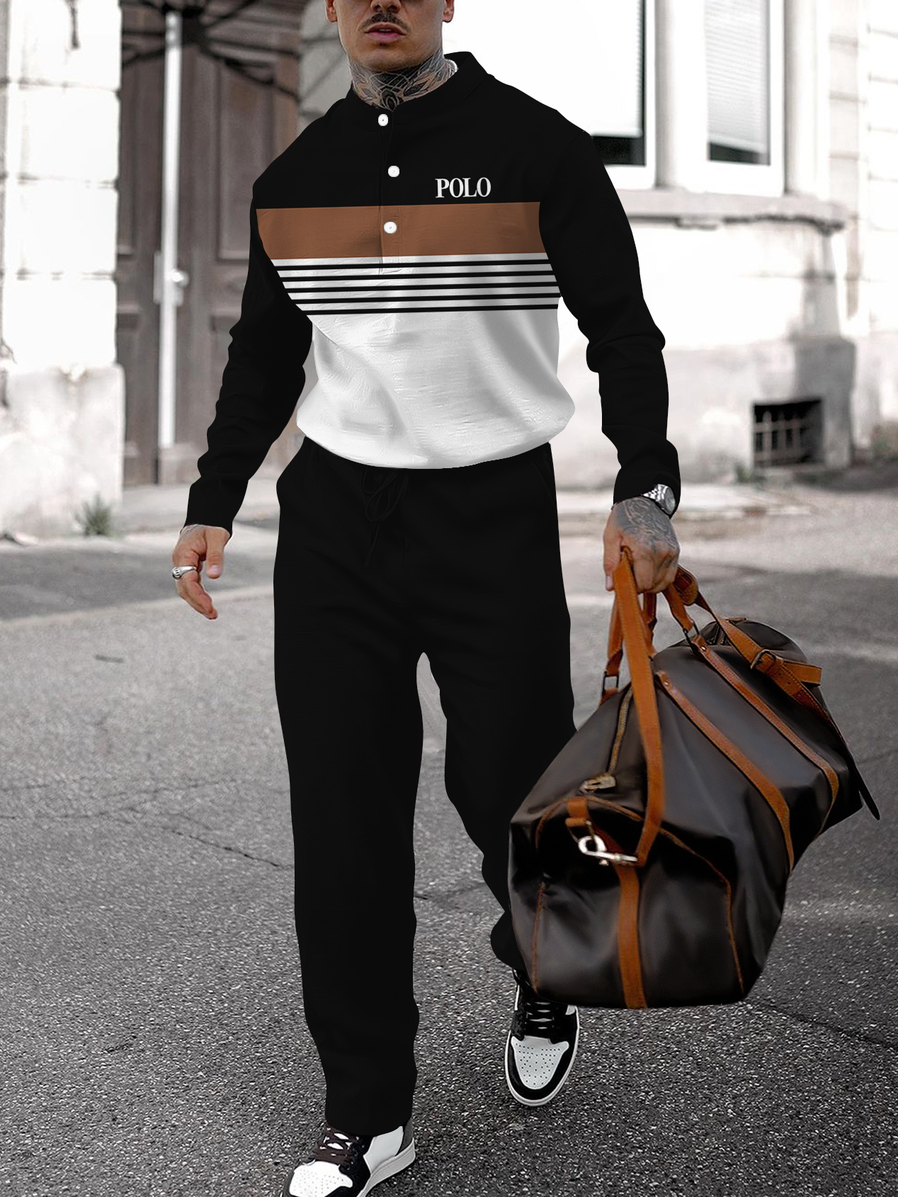 Men's fashion casual geometric print long sleeve two-piece set