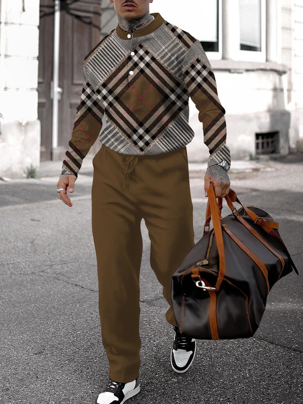 Men's fashion casual geometric print long sleeve two-piece set