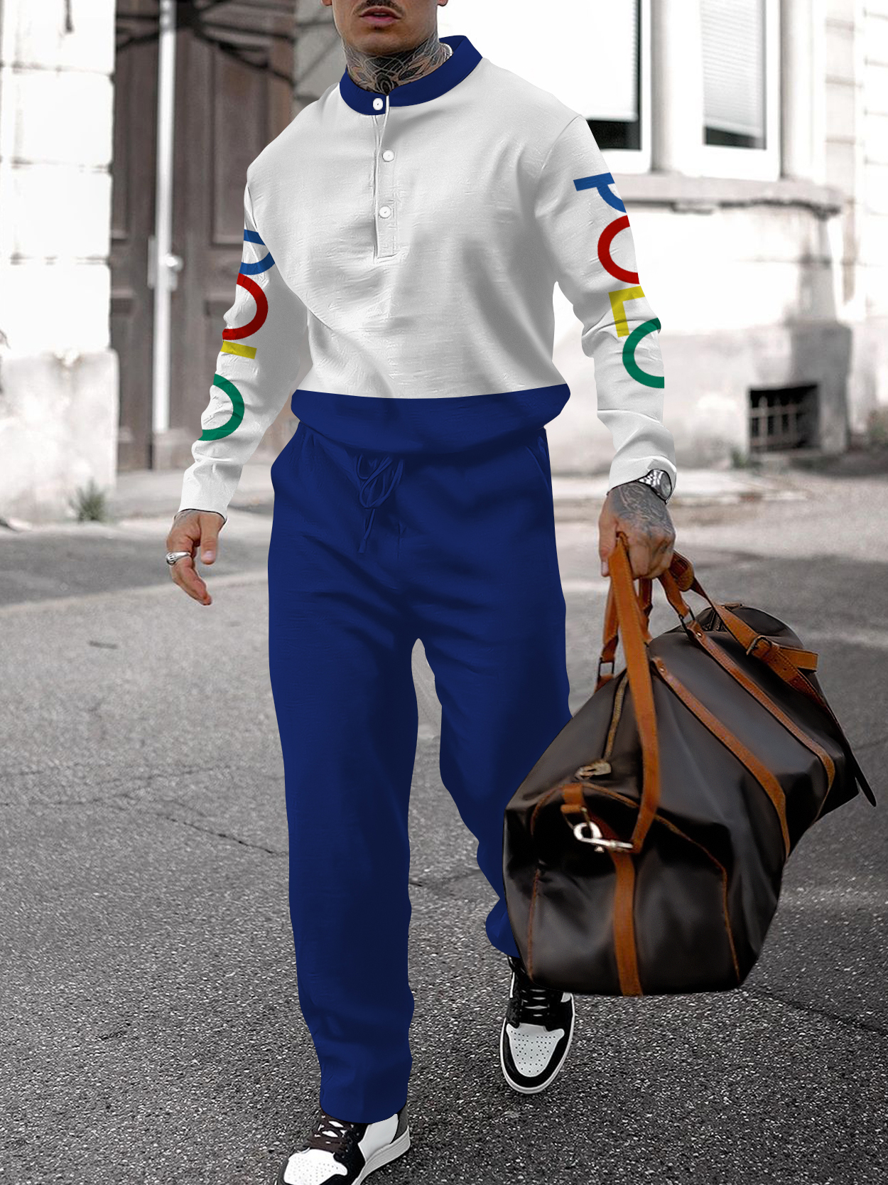 Men's fashion casual geometric print long sleeve two-piece set