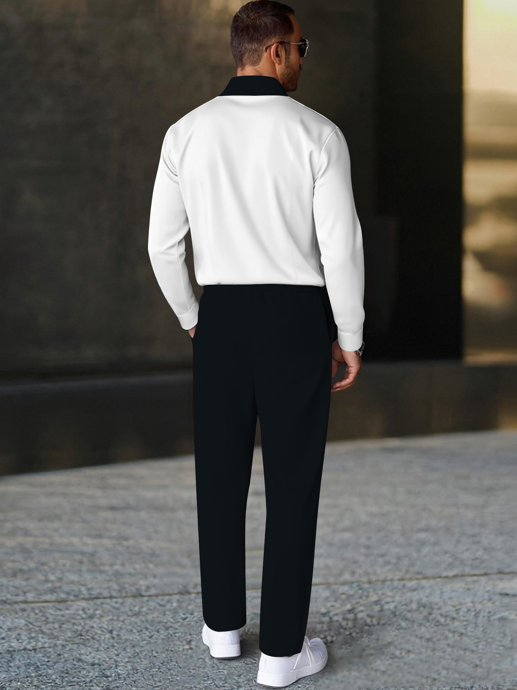 Men's fashion casual geometric print long sleeve zipper polo two-piece set