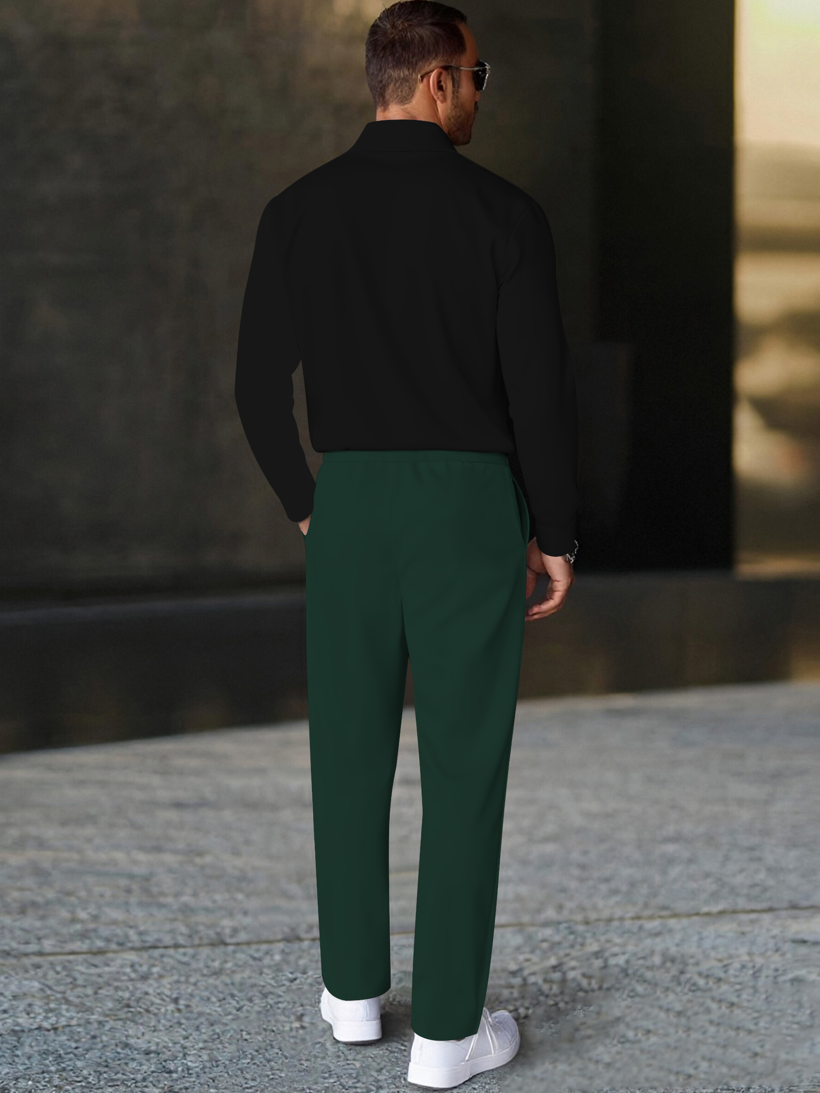 Men's fashion casual geometric print long sleeve zipper polo two-piece set