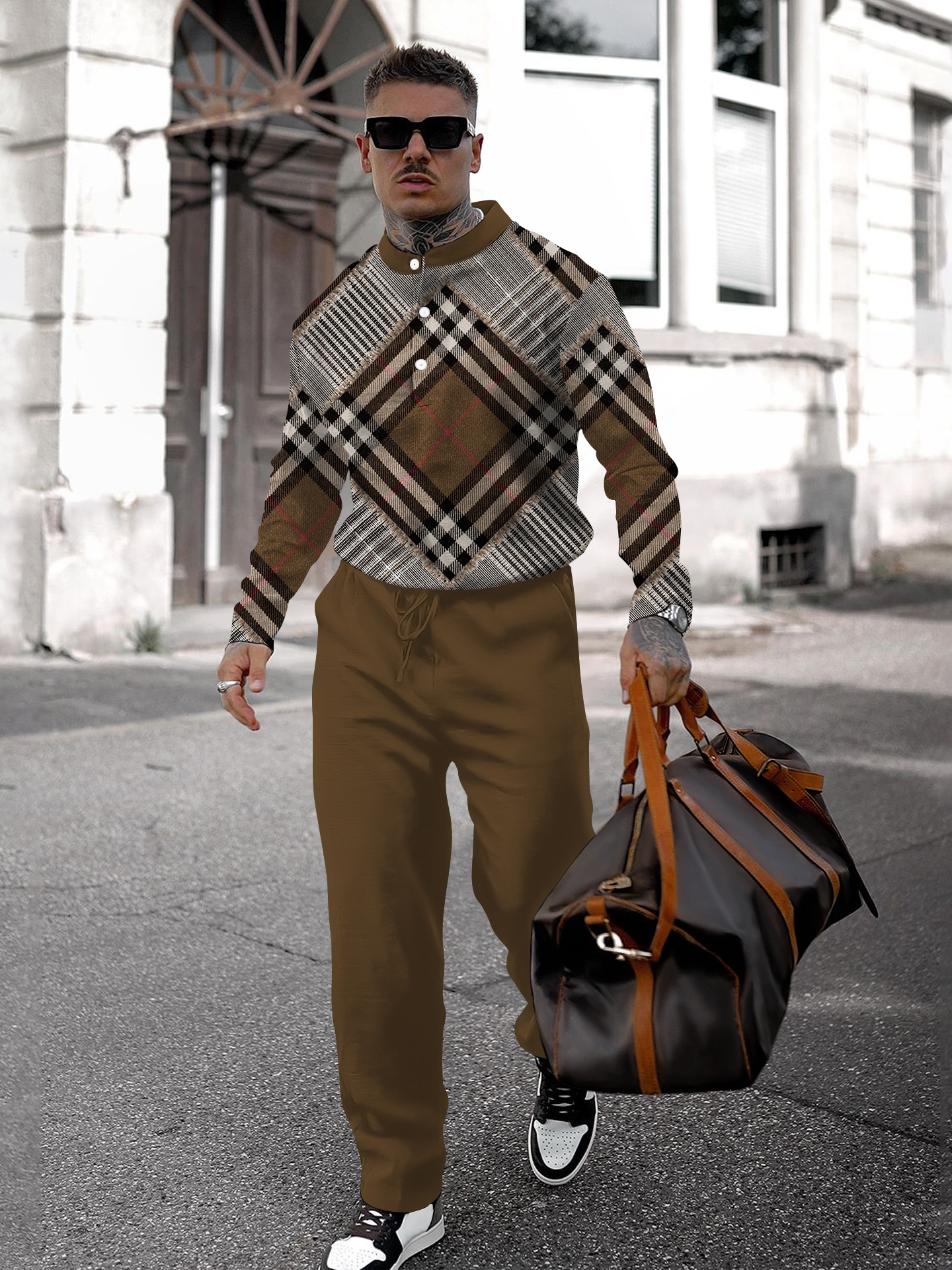 Men's fashion casual geometric print long sleeve two-piece set