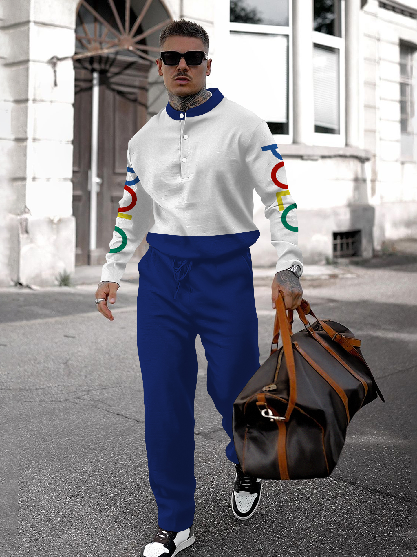 Men's fashion casual geometric print long sleeve two-piece set