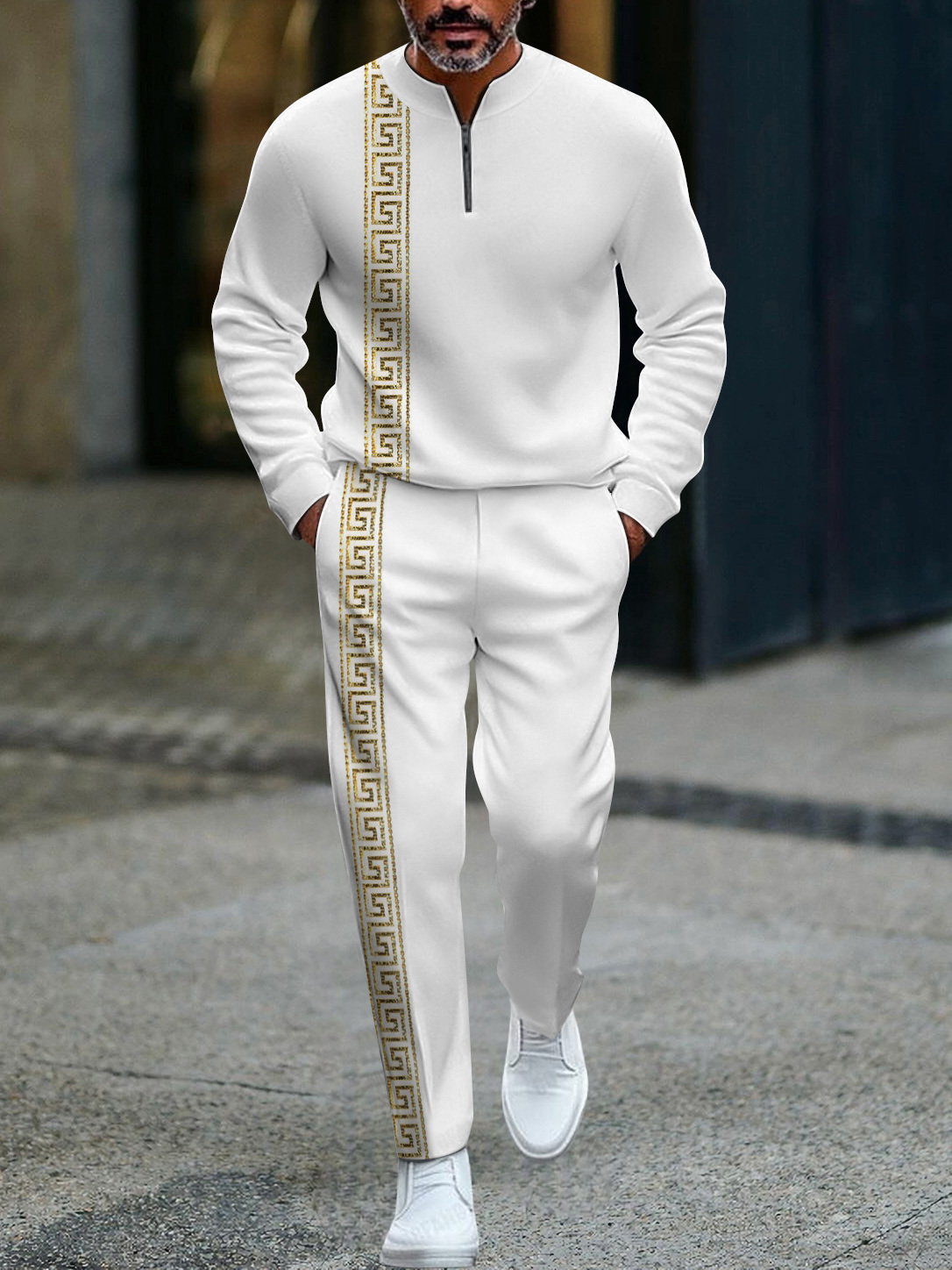 Men's fashion casual geometric print long sleeve zipper two-piece set