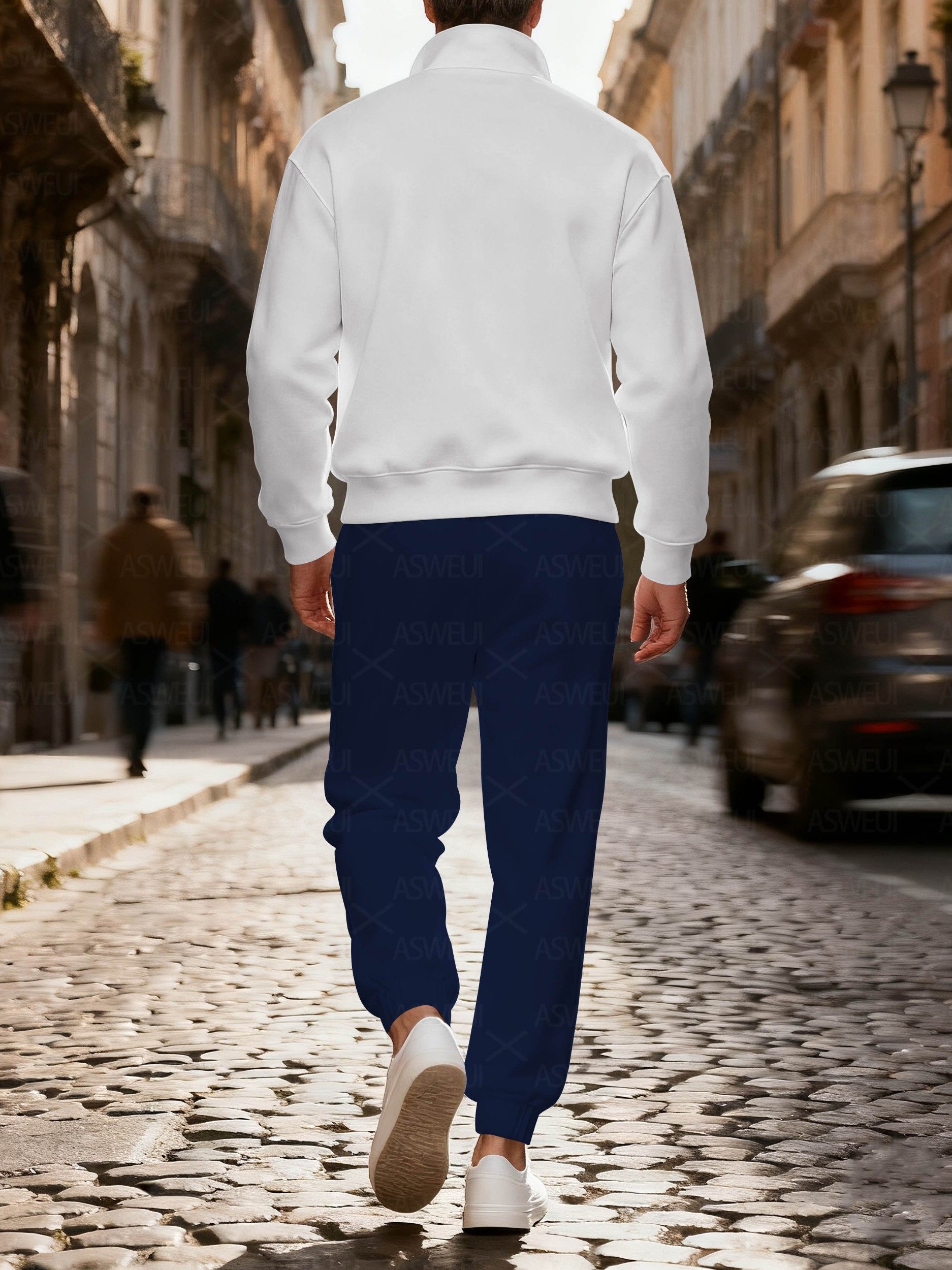 Men's fashionable casual blue and white geometric print zipper long-sleeved two-piece set