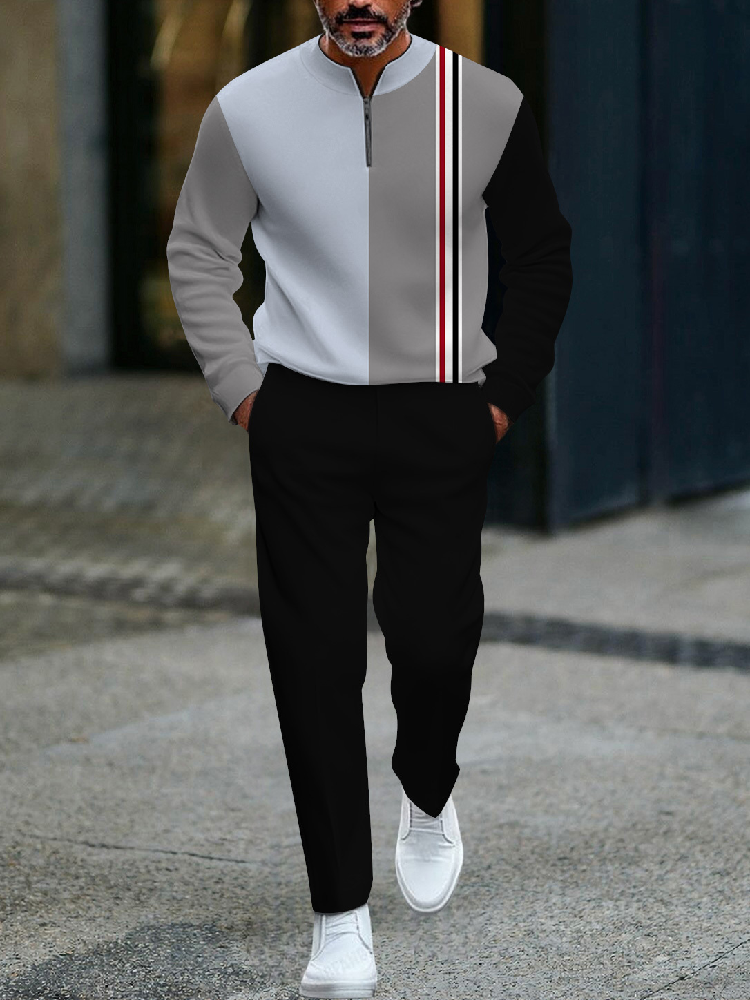 Men's fashion casual geometric print long sleeve zipper two-piece set