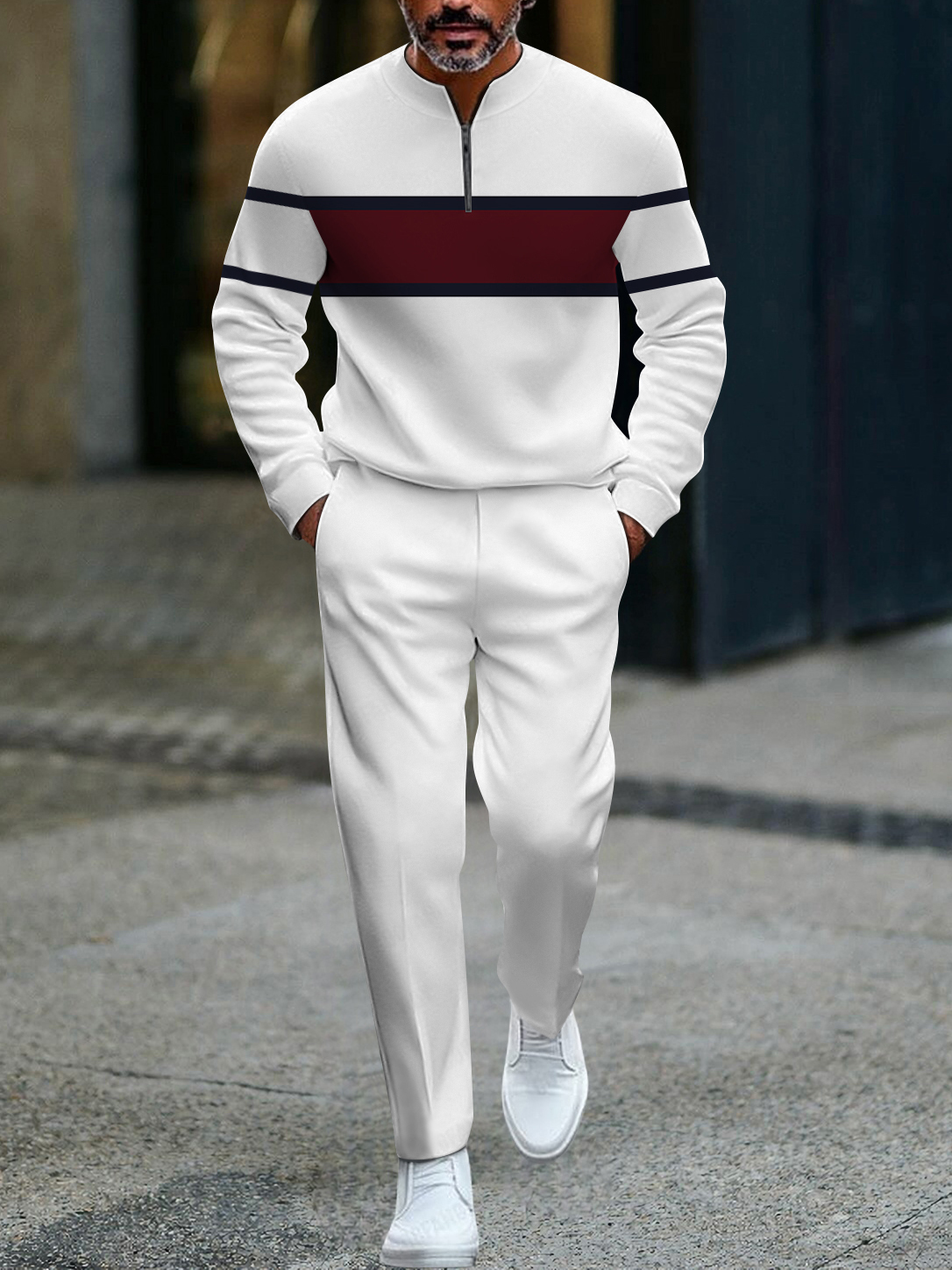 Men's fashion casual geometric print long sleeve zipper two-piece set