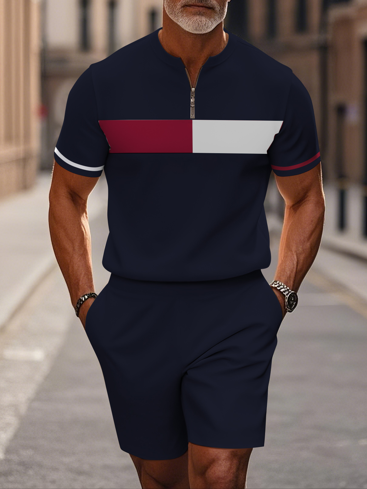 Men's fashion casual round-neck zipper geometric printed short-sleeved two-piece set