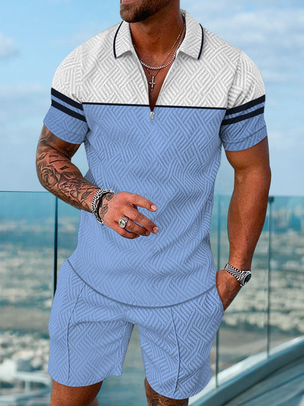 Men's fashion casual geometric print short sleeve polo two-piece set