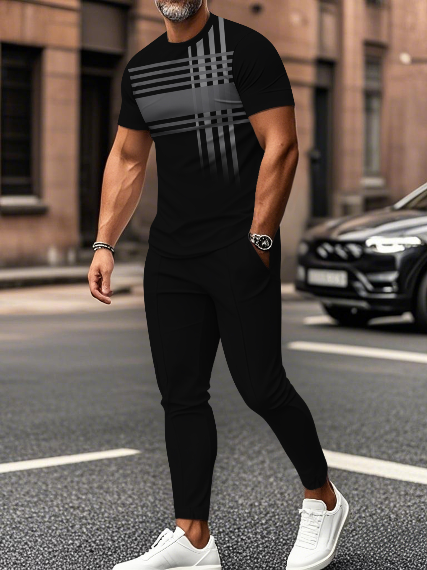 Men's fashion casual color matching striped printed short sleeved trousers two-piece set