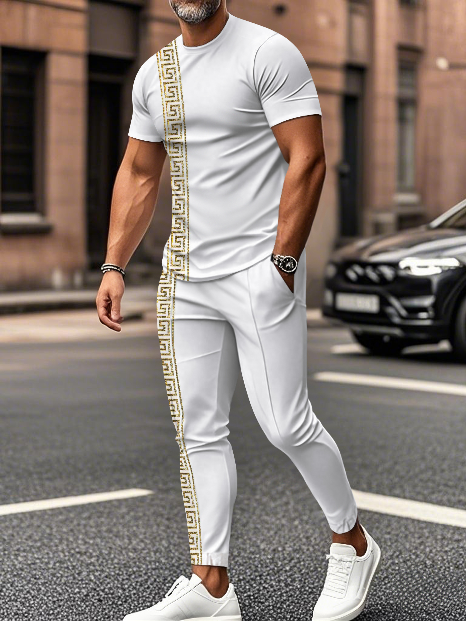 Men's fashion casual color matching striped printed short sleeved trousers two-piece set