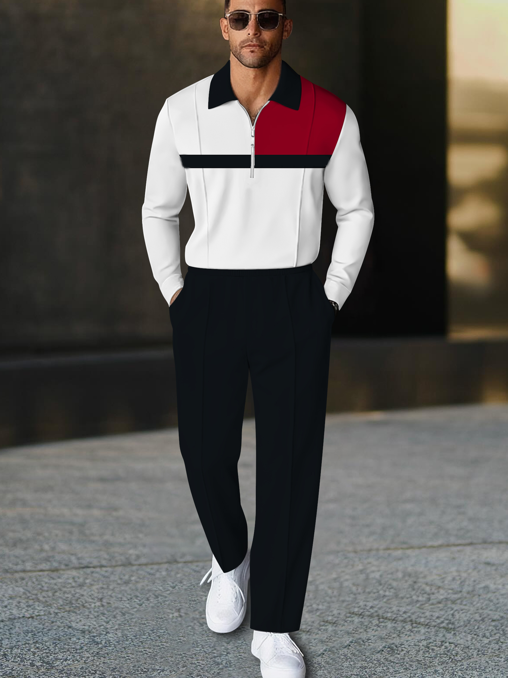 Men's fashion casual geometric print long sleeve zipper polo two-piece set