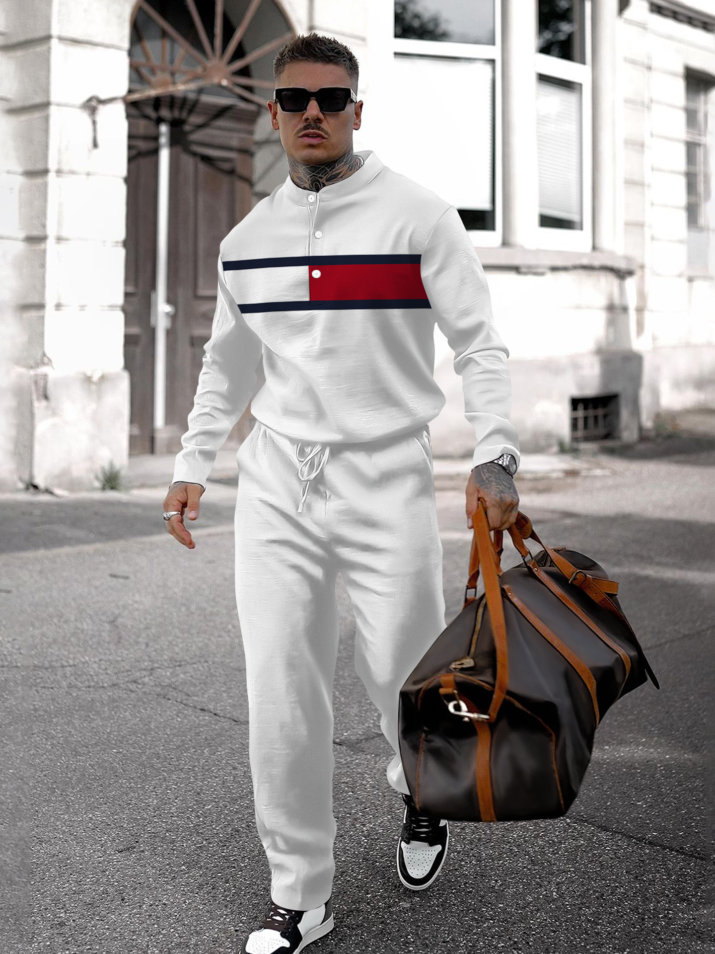 Men's fashion casual geometric print long sleeve two-piece set