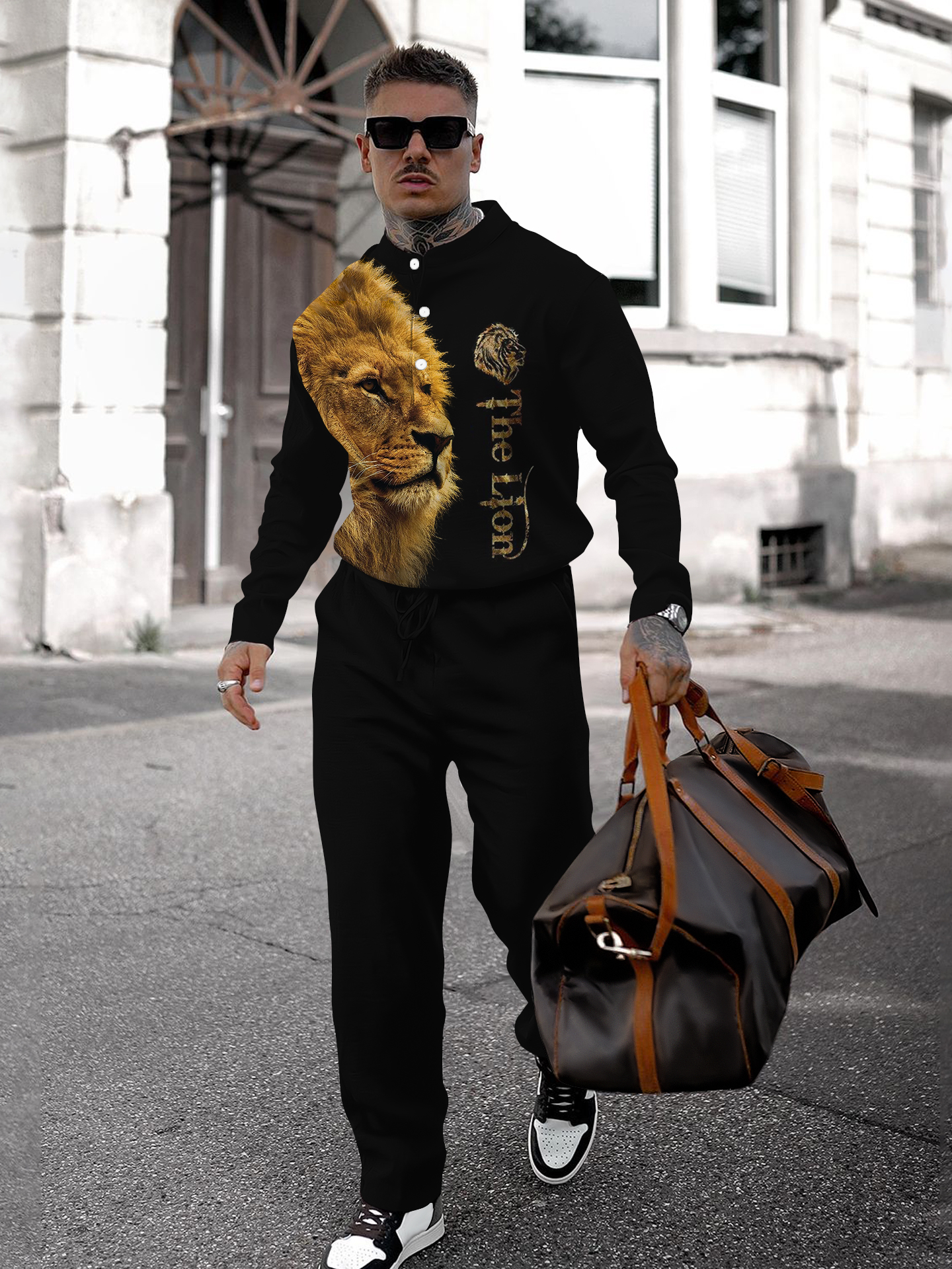 Men's fashion casual geometric print long sleeve two-piece set