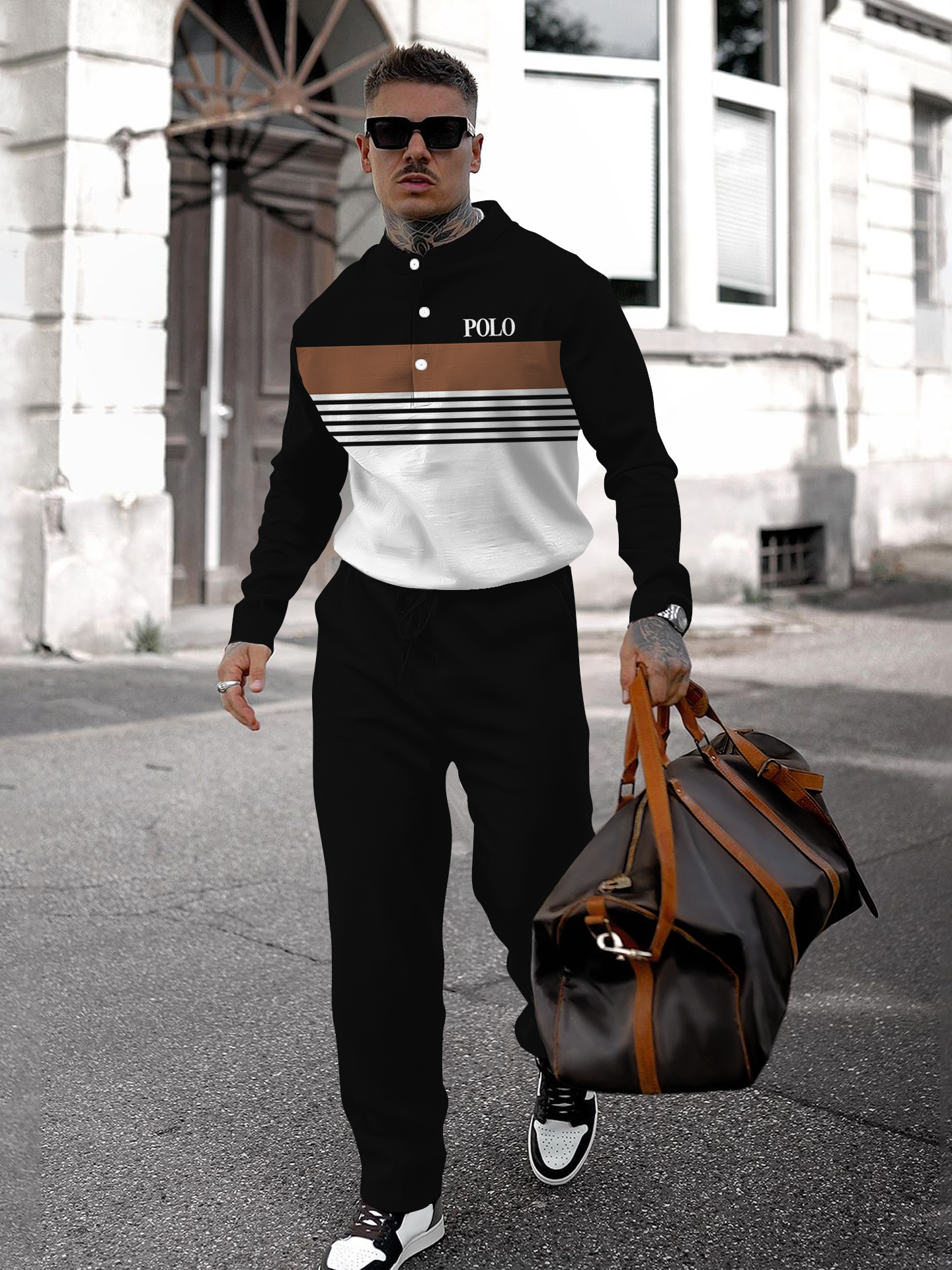 Men's fashion casual geometric print long sleeve two-piece set