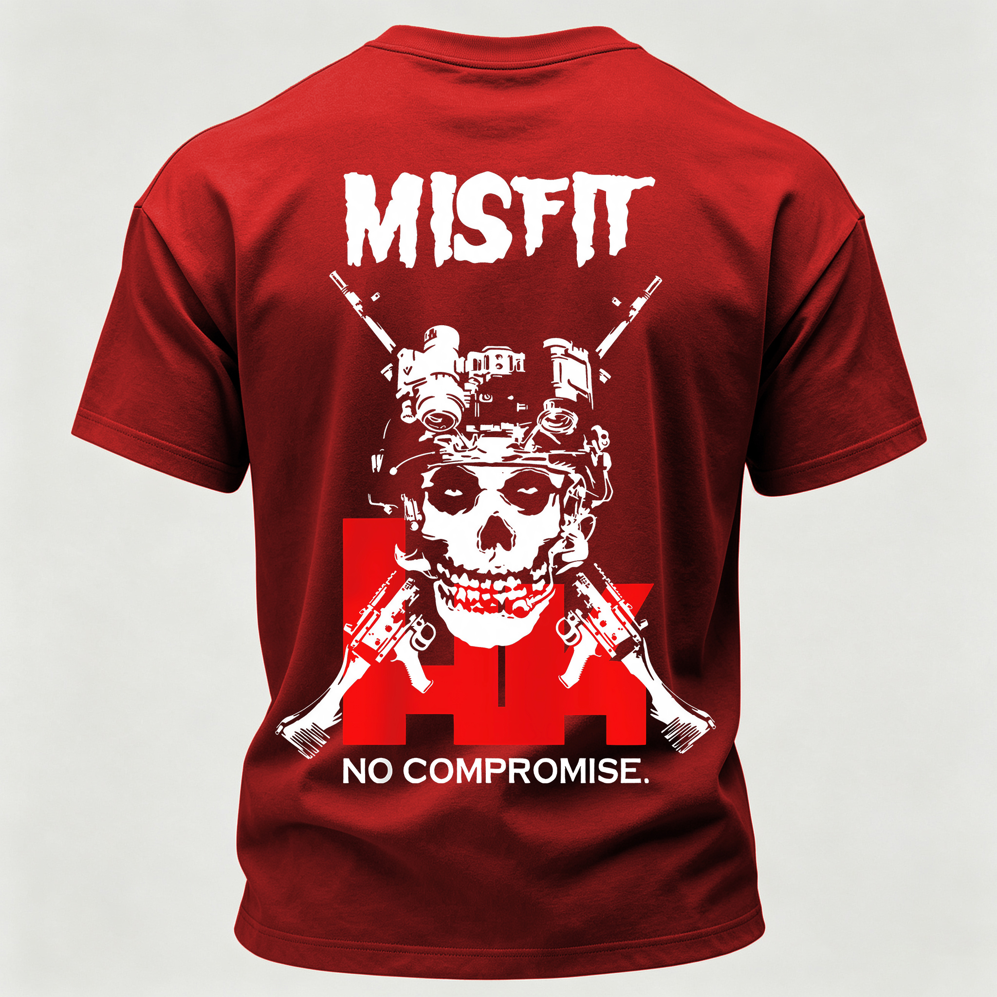 Men’s MISFIT No Compromise Tactical Skull Helmet NVG Rifle Graphic Tee Back Print T Shirt