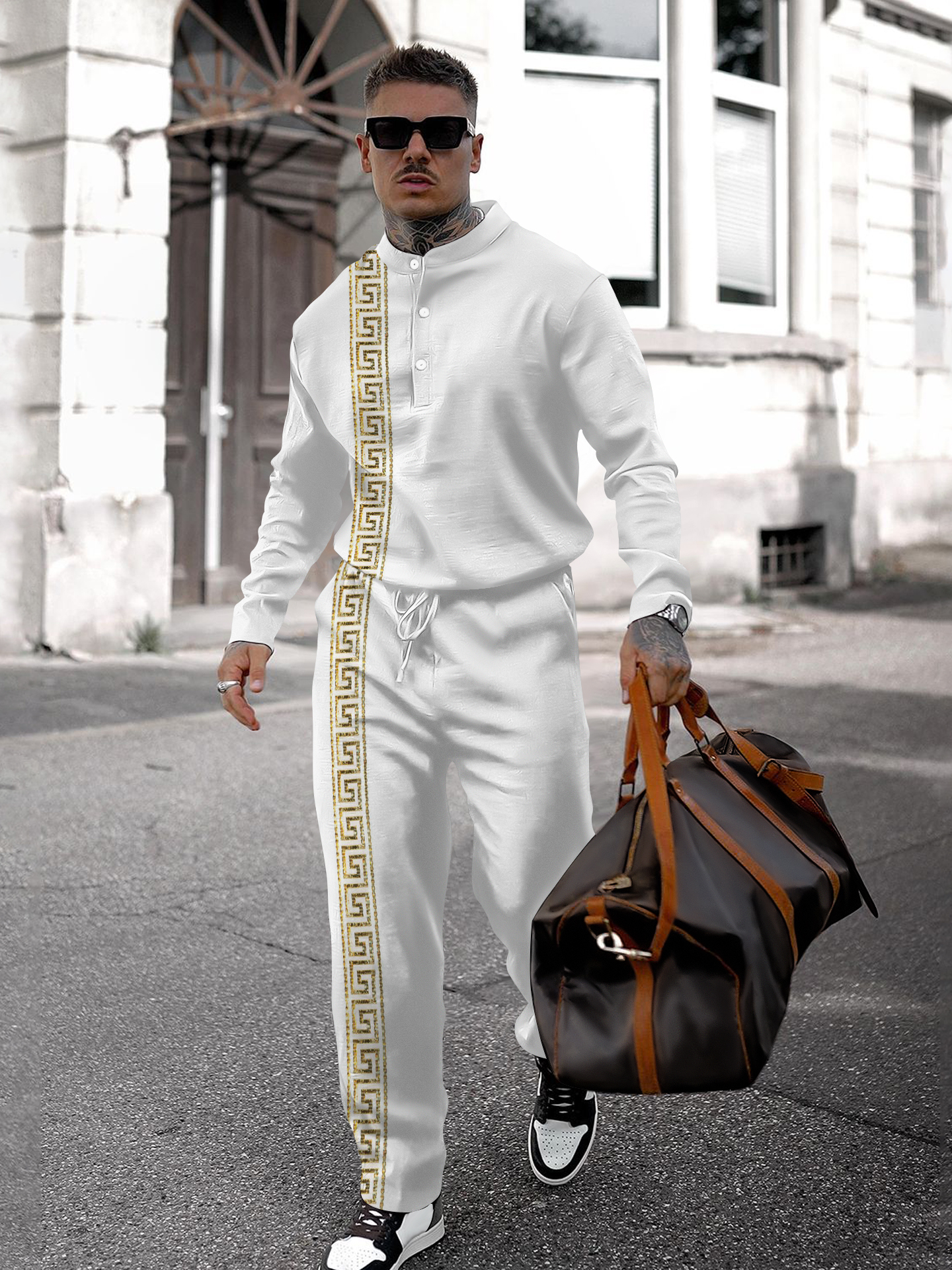 Men's fashion casual geometric print long sleeve two-piece set