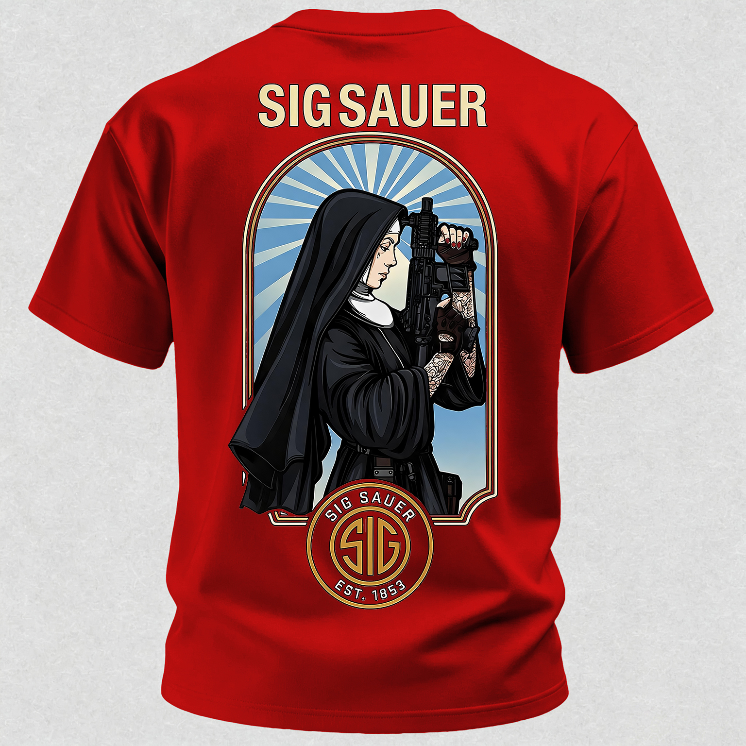 Precision Tactical Arch Window Nun with Rifle Since 1853 Vintage Illustration Cotton Print Men's T-Shirt