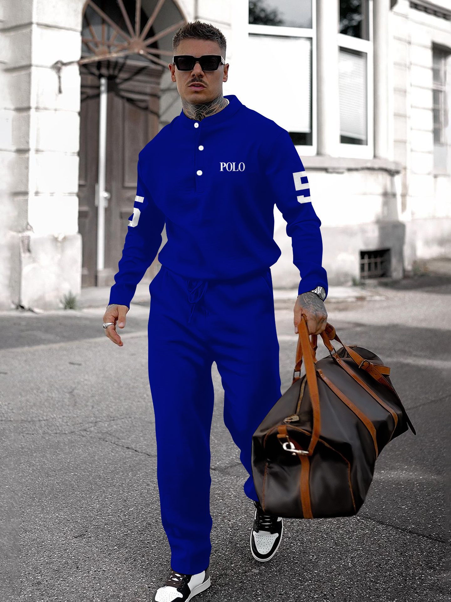 Men's fashion casual geometric print long sleeve two-piece set