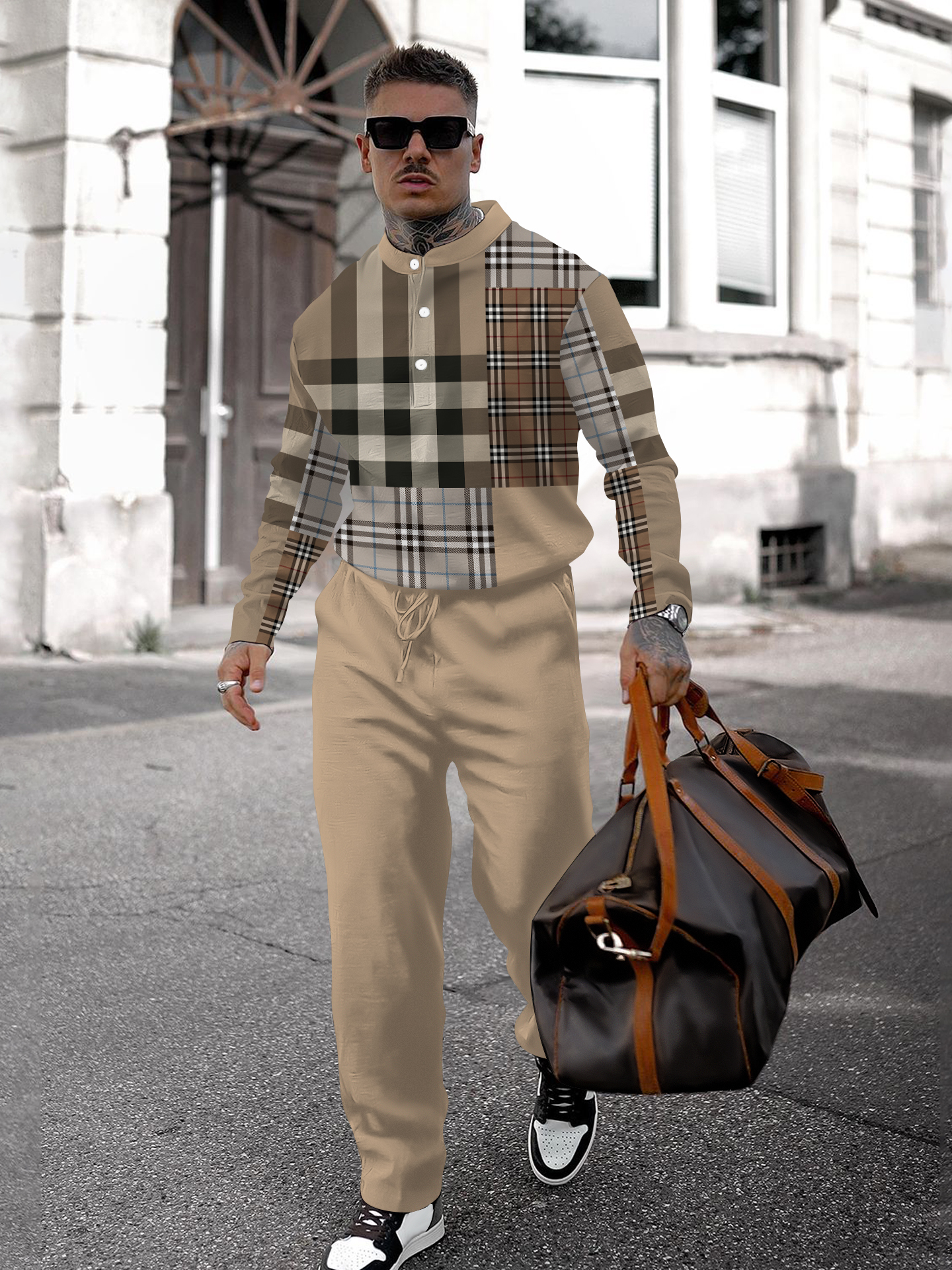 Men's fashion casual geometric print long sleeve two-piece set