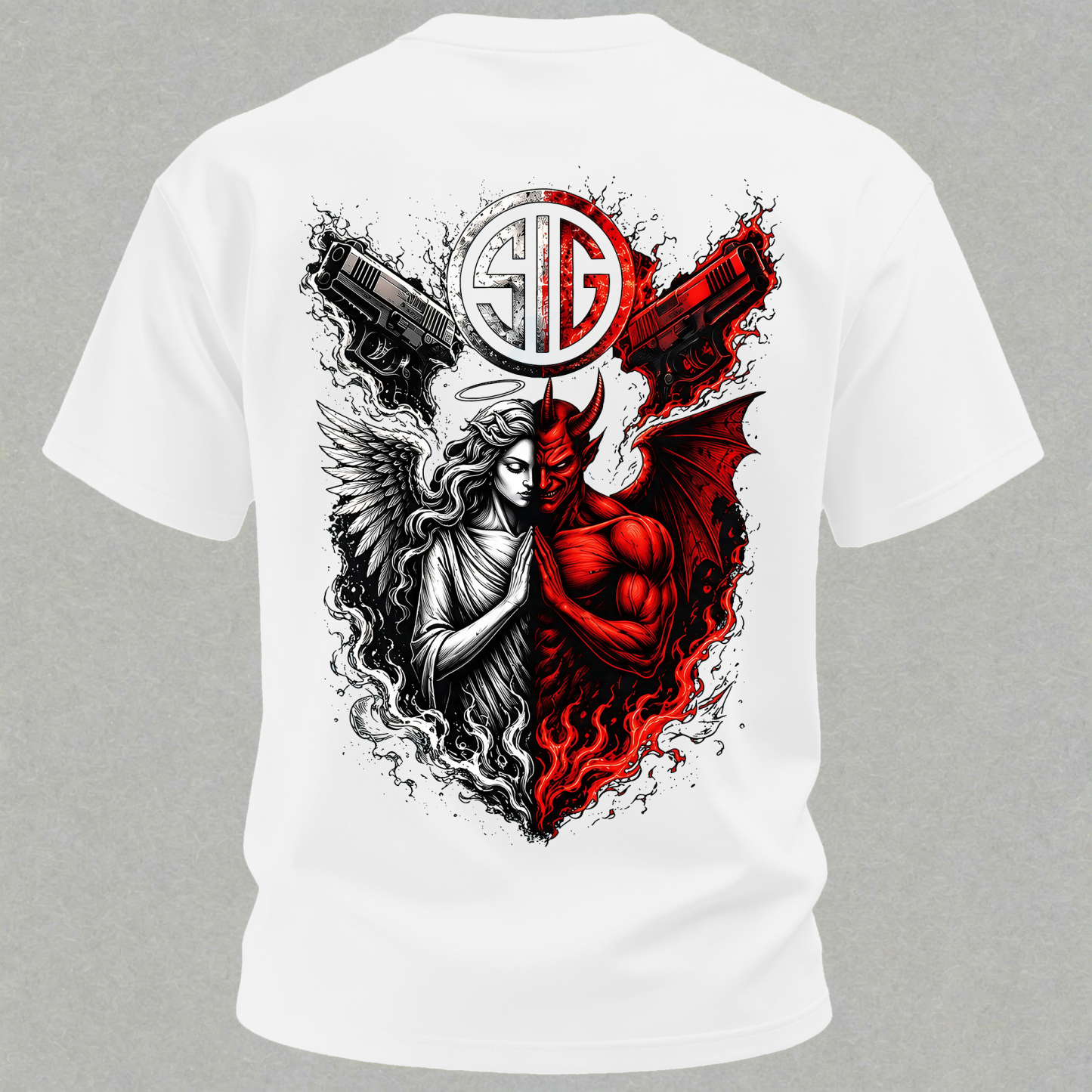 Angel and Demon Dual Pistols Men's Cotton Graphic T-Shirt Tactical Heaven and Hell Combat