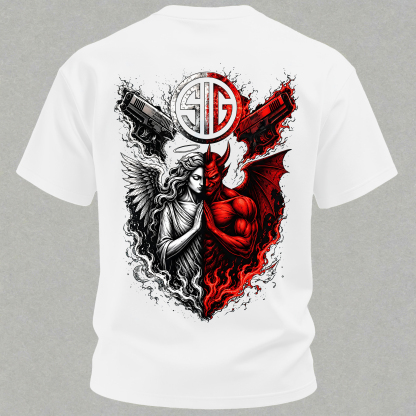 Angel and Demon Dual Pistols Men's Cotton Graphic T-Shirt Tactical Heaven and Hell Combat