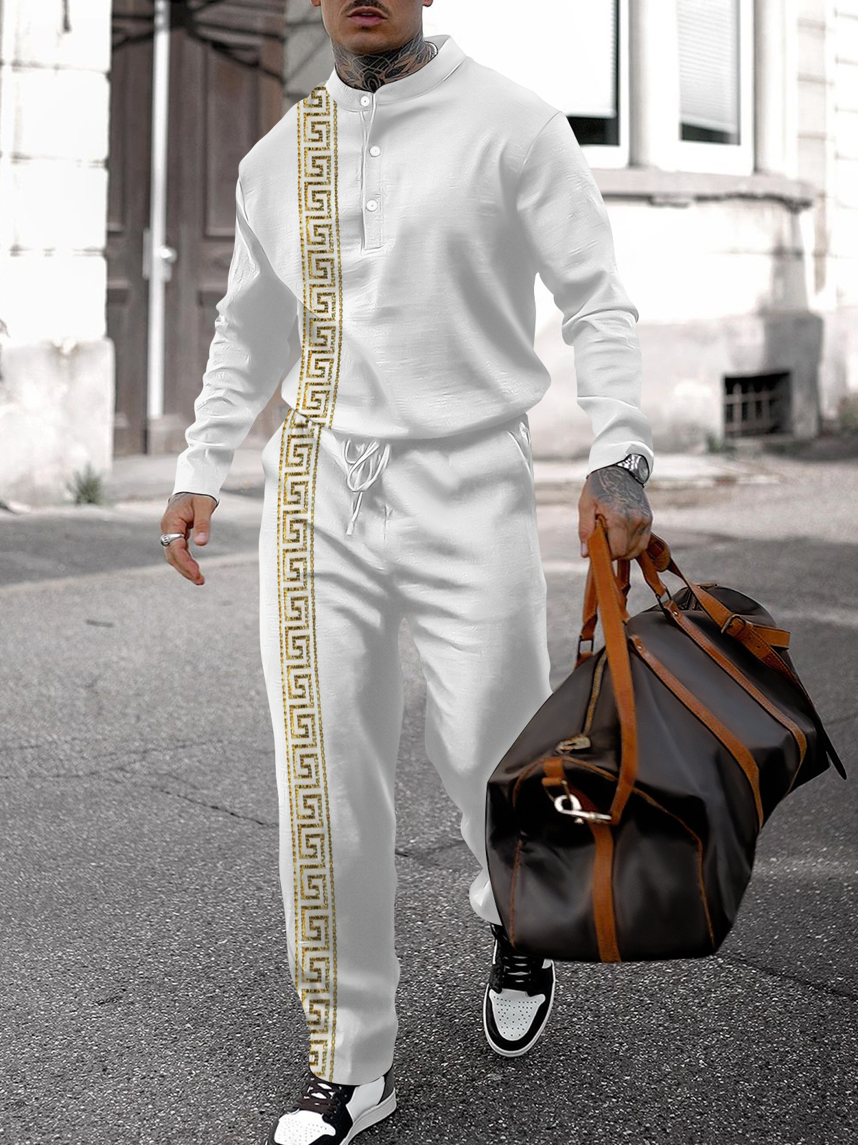 Men's fashion casual geometric print long sleeve two-piece set