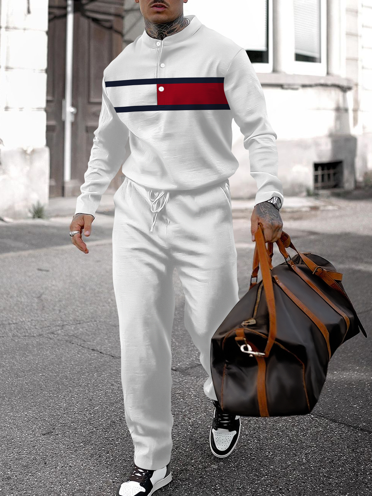 Men's fashion casual geometric print long sleeve two-piece set