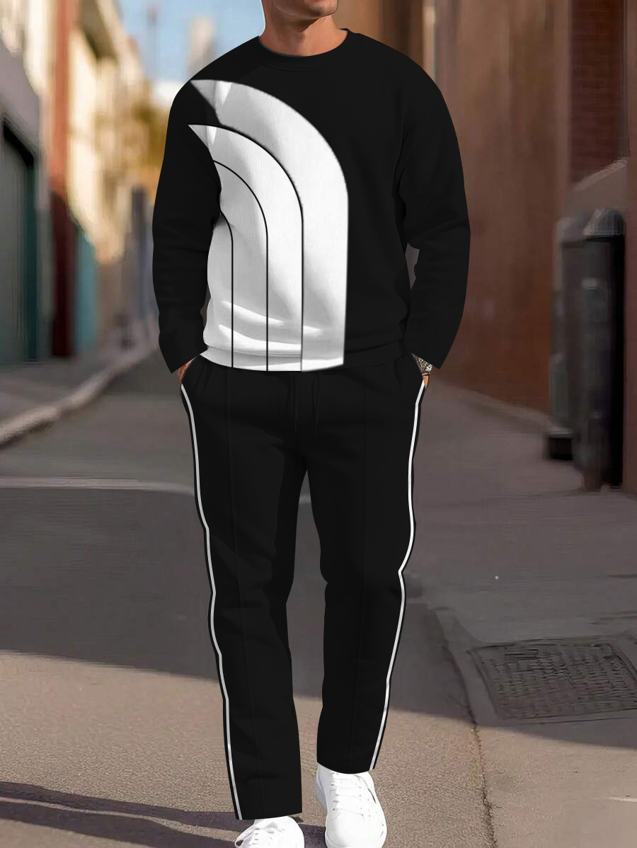 Men's fashion casual geometric printed hoodie two-piece set