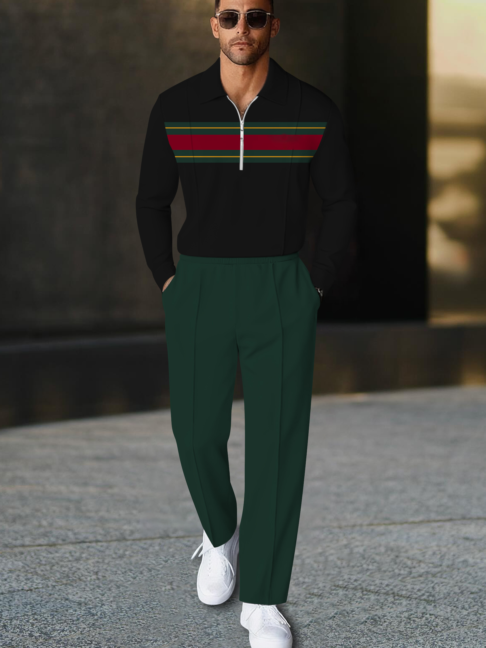 Men's fashion casual geometric print long sleeve zipper polo two-piece set