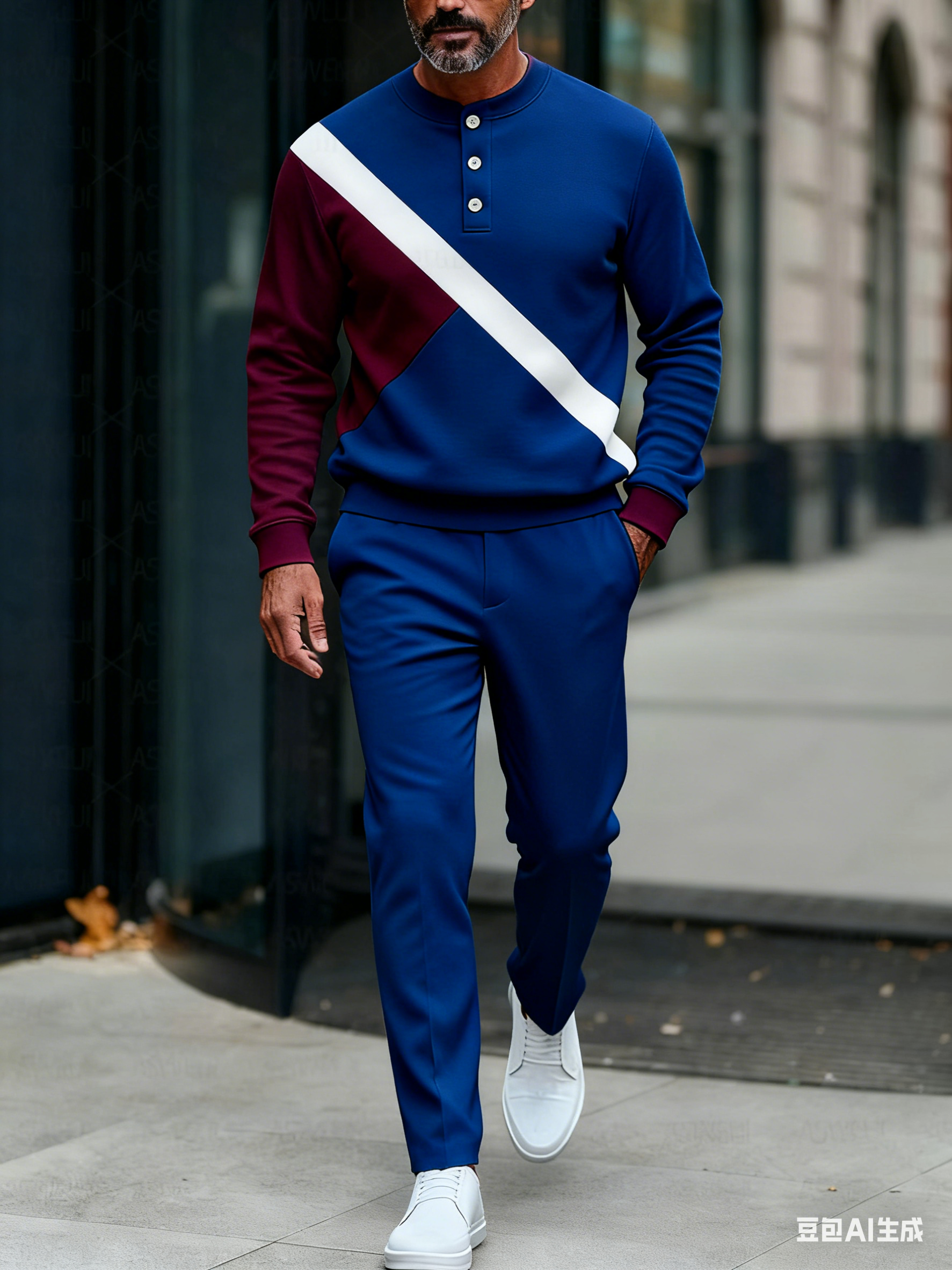 Men's fashion casual geometric print long sleeve zipper two-piece set