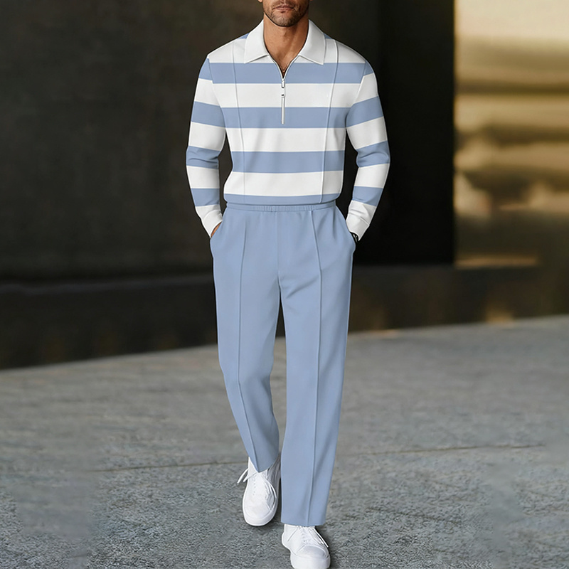 Men's fashion casual geometric print long sleeve zipper polo two-piece set