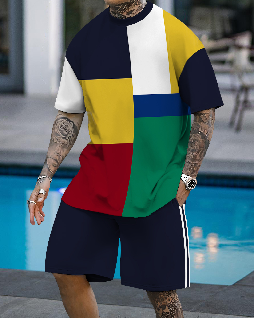 Men's fashion casual color matching printed short-sleeved two-piece set