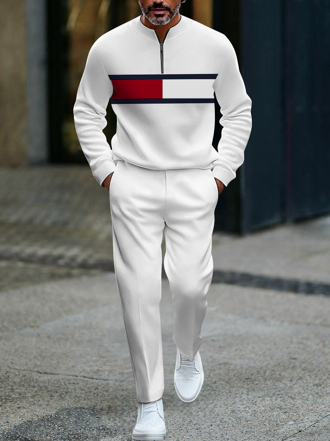 Men's fashion casual geometric print long sleeve zipper two-piece set