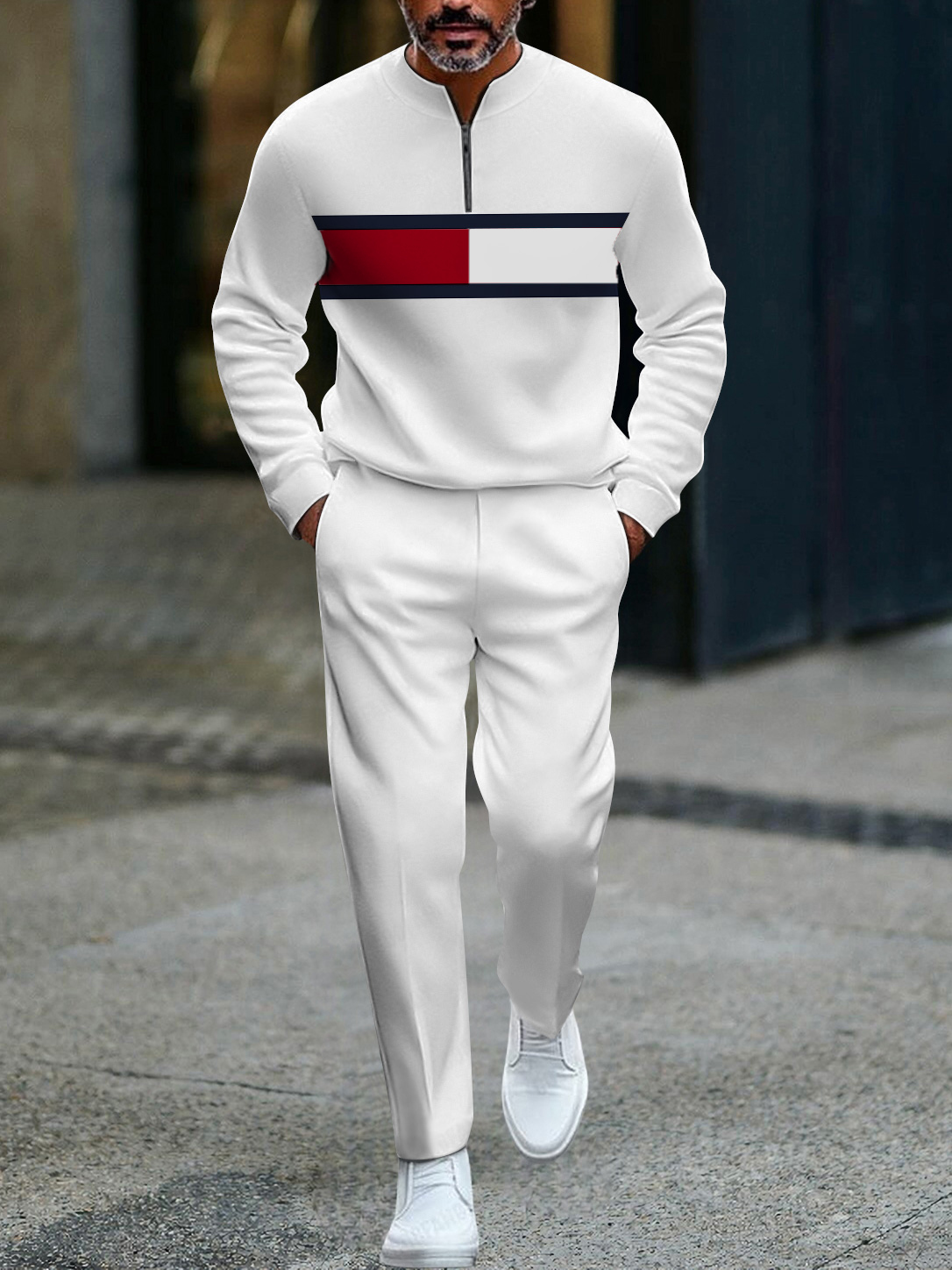 Men's fashion casual geometric print long sleeve zipper two-piece set