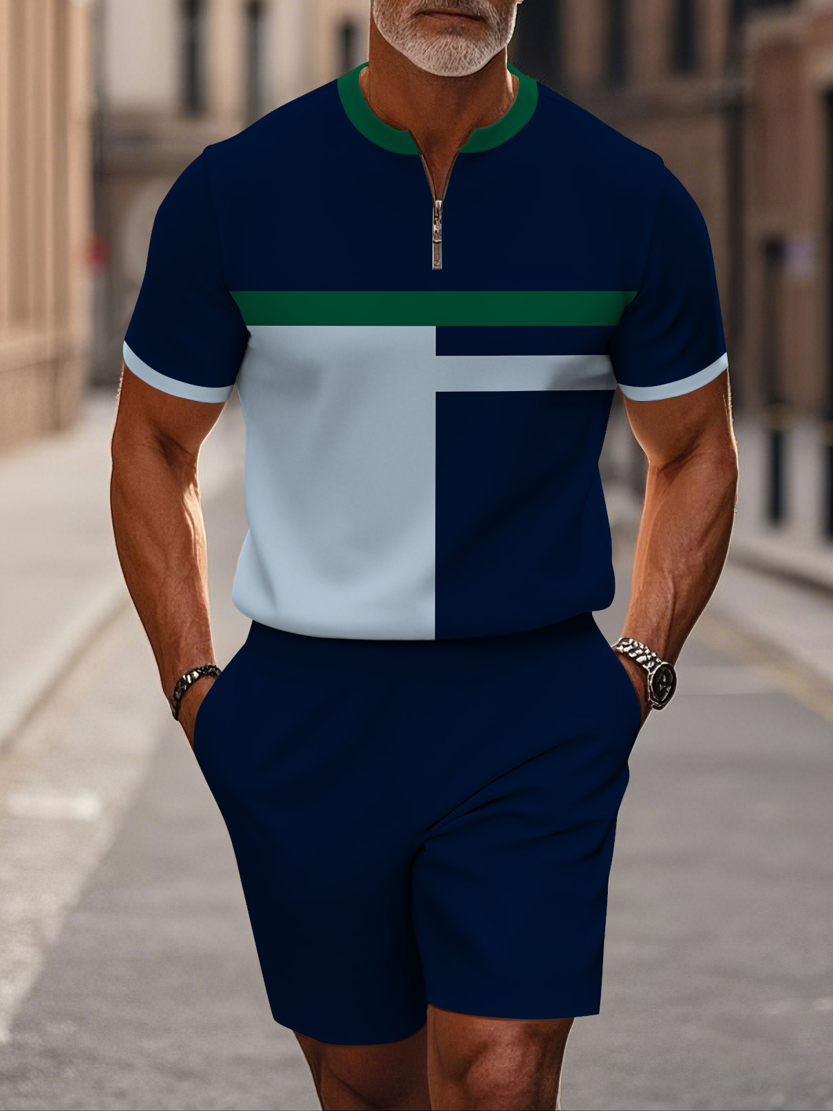 Men's fashion casual round-neck zipper geometric printed short-sleeved two-piece set