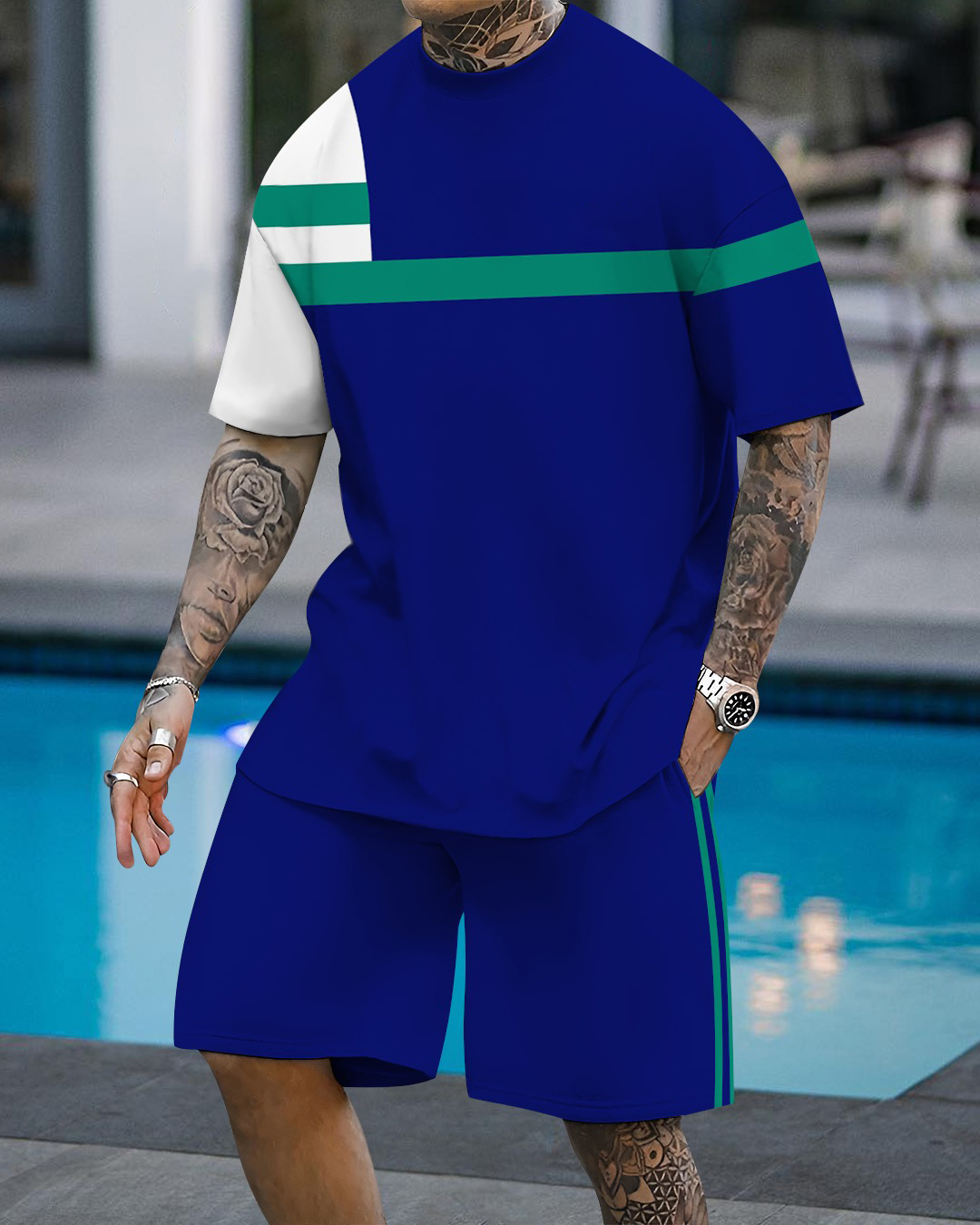 Men's fashion casual color matching printed short-sleeved two-piece set